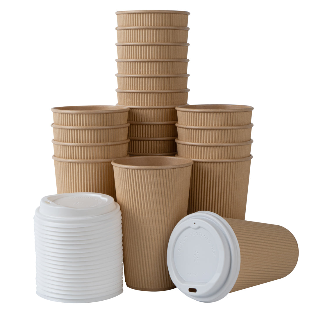 16 oz Kraft Paper Coffee Cups with White Lids - 200 Count (3.5