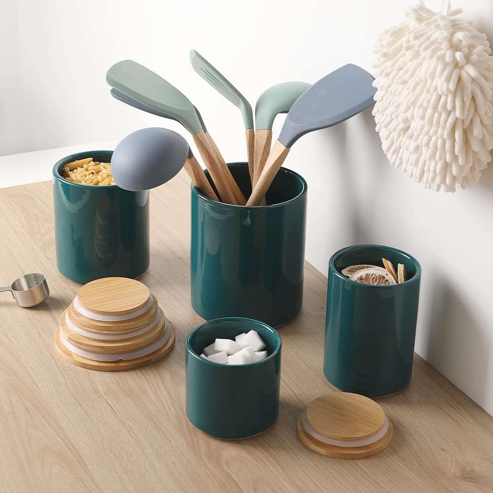 Sweejar 4-Piece Ceramic Kitchen Canister Set with Airtight Bamboo Lids - Porcelain Food Storage Containers for Sugar, Coffee, Tea, Flour & Spices - Elegant Countertop Organization for Pantry & Kitchen (Jade Green)