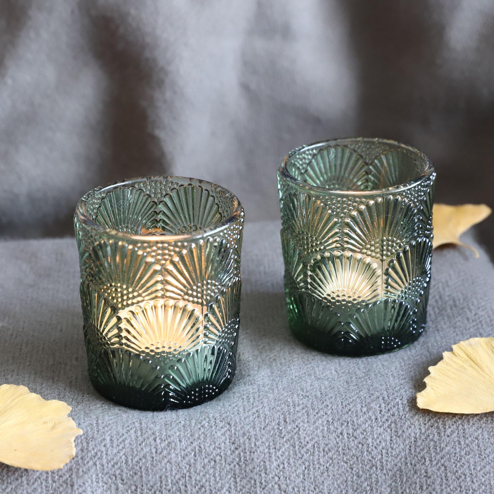 Woho Set of 12 Green Glass Votive Candle Holders - Tealight Candle Holders for Wedding Centerpieces, Fall Decor, Thanksgiving & Christmas Table Decorations - Perfect for Romantic Dinners, Holiday Parties & Home Ambiance