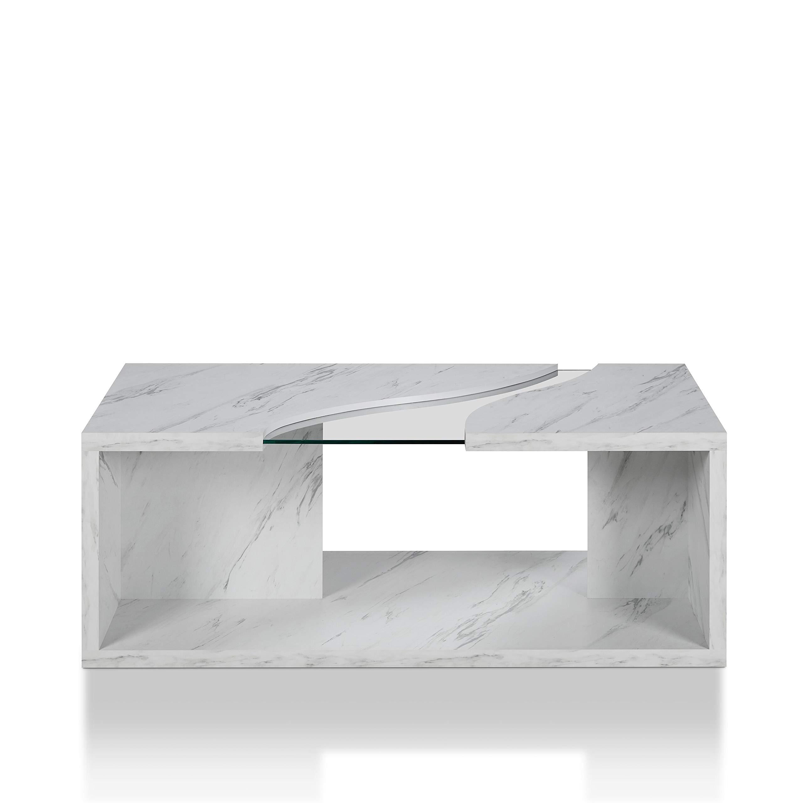 Modern White Open Coffee Table with Clear Glass Top & Marble Wood Finish - Includes Hardware Shelf for Living Room, Lounge & Office Decor