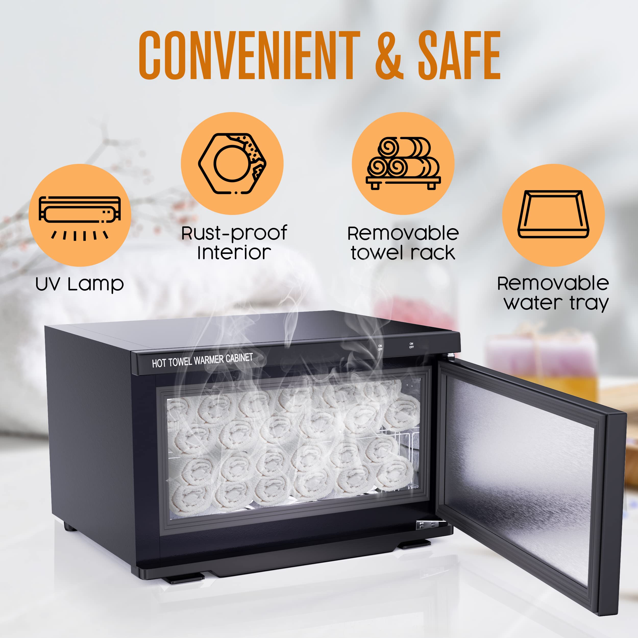 Houseables Towel Warmer Cabinet - 18L Black Hot Towel Steamer with UV Sterilization for Spa, Salon & Massage - Includes 2 Tongs & 5 Towels (11