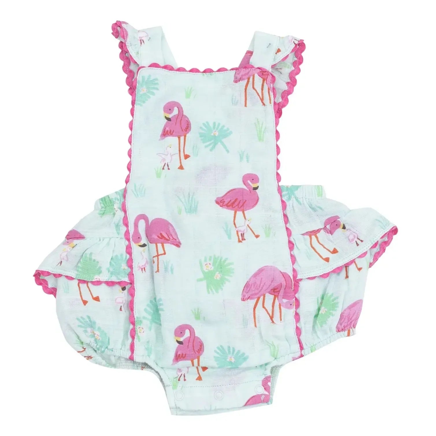 Angel Dear Organic Ric Rac Ruffle Sunsuit - Flamingo Print Baby Romper for Girls | Soft Cotton One-Piece Outfit for Summer, Beach, and Photo Shoots