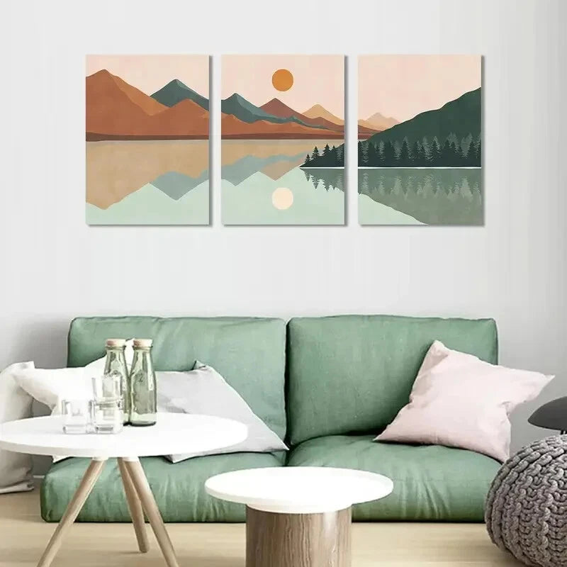 3-Piece Abstract Sun Mountain Forest Lake Metal Wall Art - Ready to Hang Modern Home Decor for Living Room, Bedroom & Office