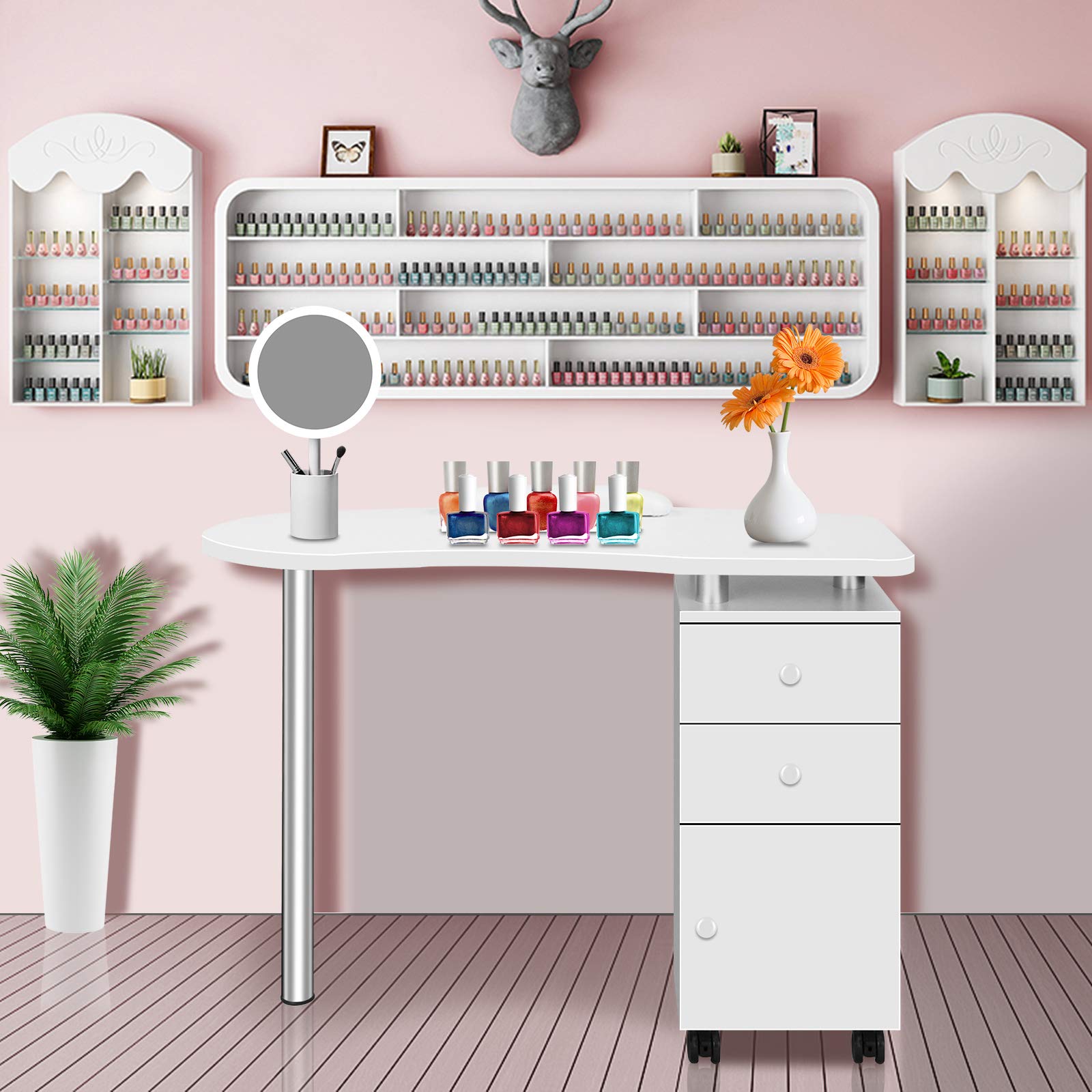 Professional Rolling Nail Art Station - Mobile Manicure Table with 2 Drawers & Storage Cabinet - White Wooden Beauty Salon Workstation for Nail Technicians | Perfect for Spa, Salon & Home Nail Care Business