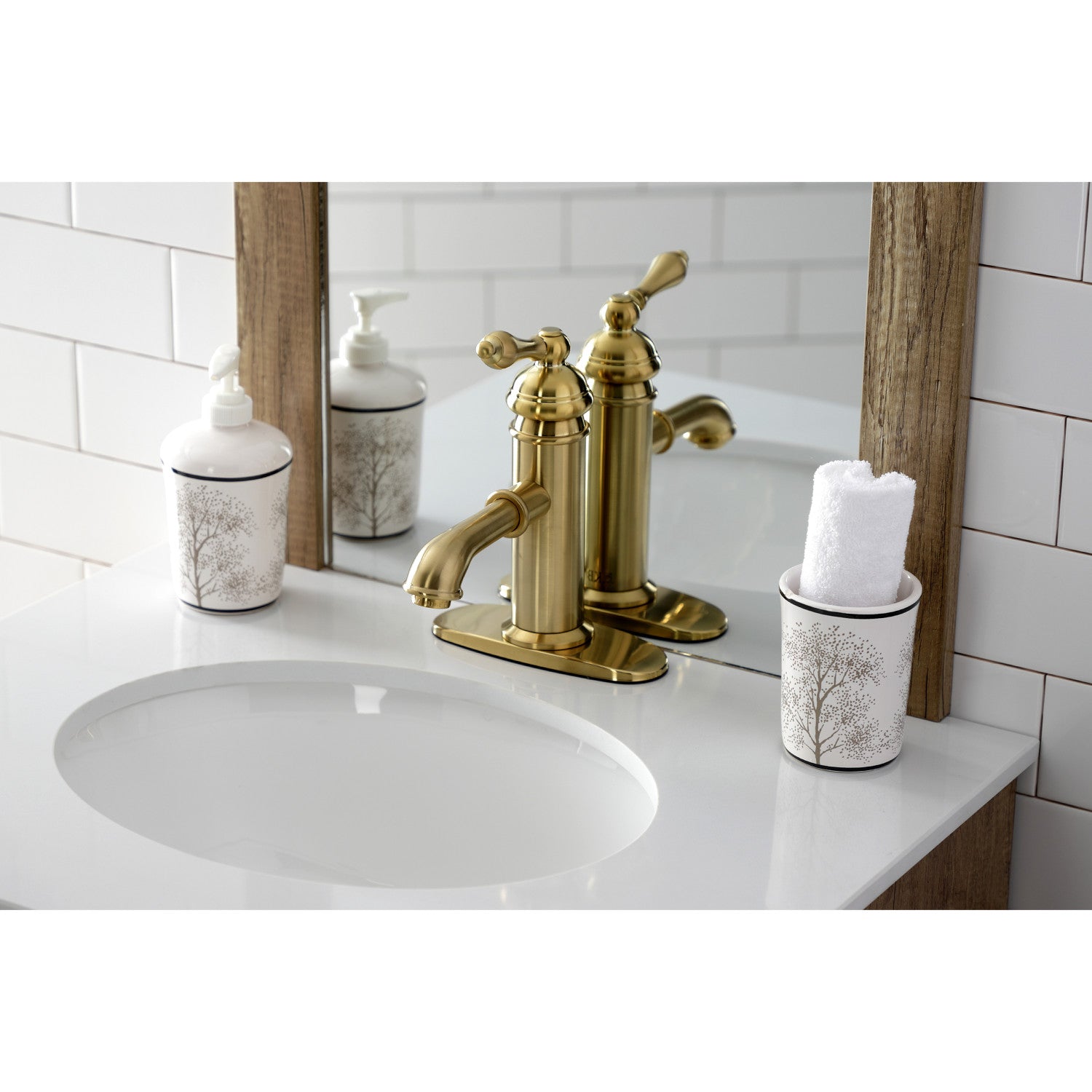 American Classic KS7417ACL Single Handle Bathroom Faucet with Deck Plate & Brass Pop-Up Drain - Brushed Brass Finish for Modern Bathroom Vanity Sinks