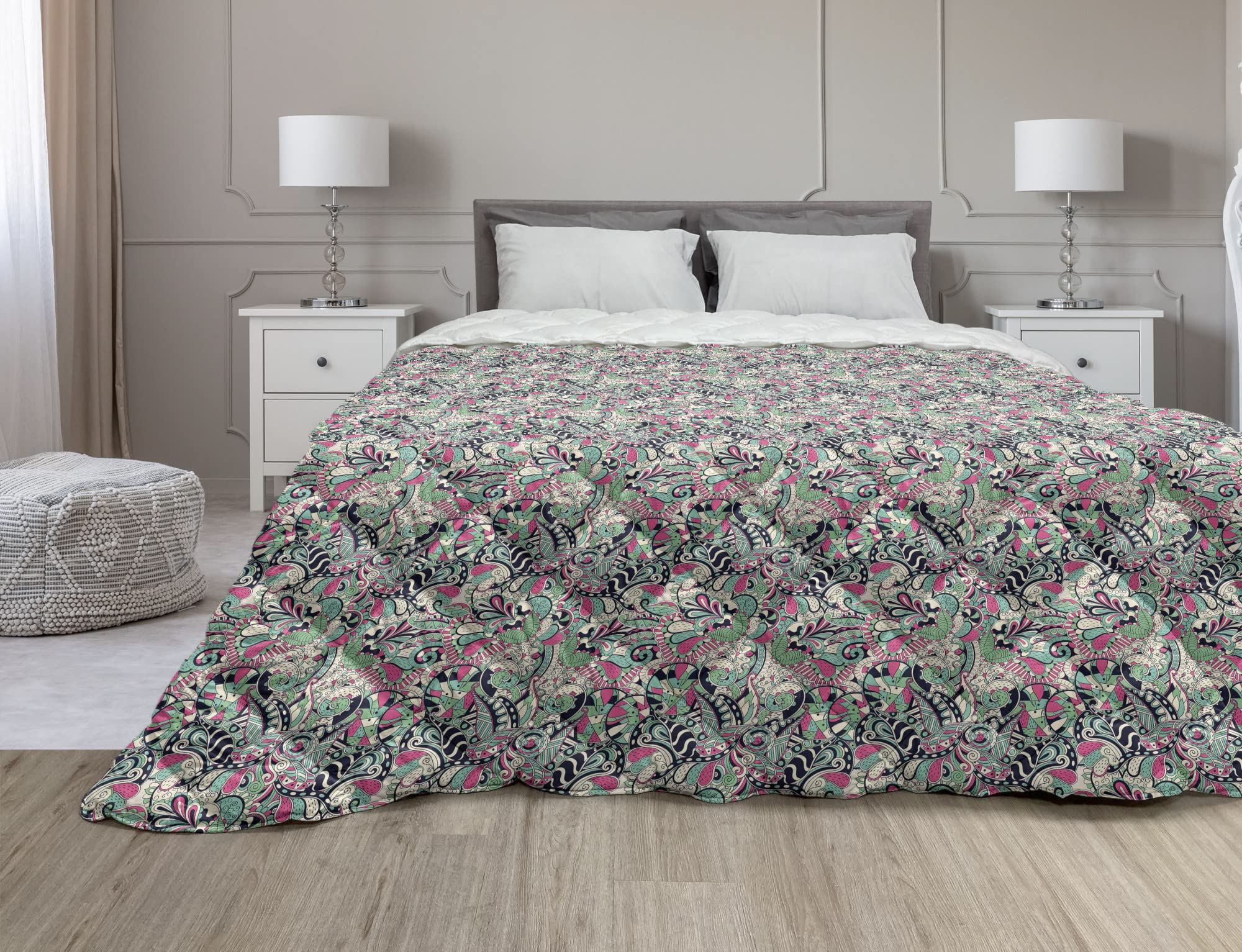 Ambesonne Modern Down Alternative Comforter - Paisley Contemporary Tentacle Design Microfiber Quilt | All-Season Lightweight Bedding | Twin Size in Pink Turquoise & Indigo | Perfect for Guest Rooms, Dorms & Cozy Bedroom Decor