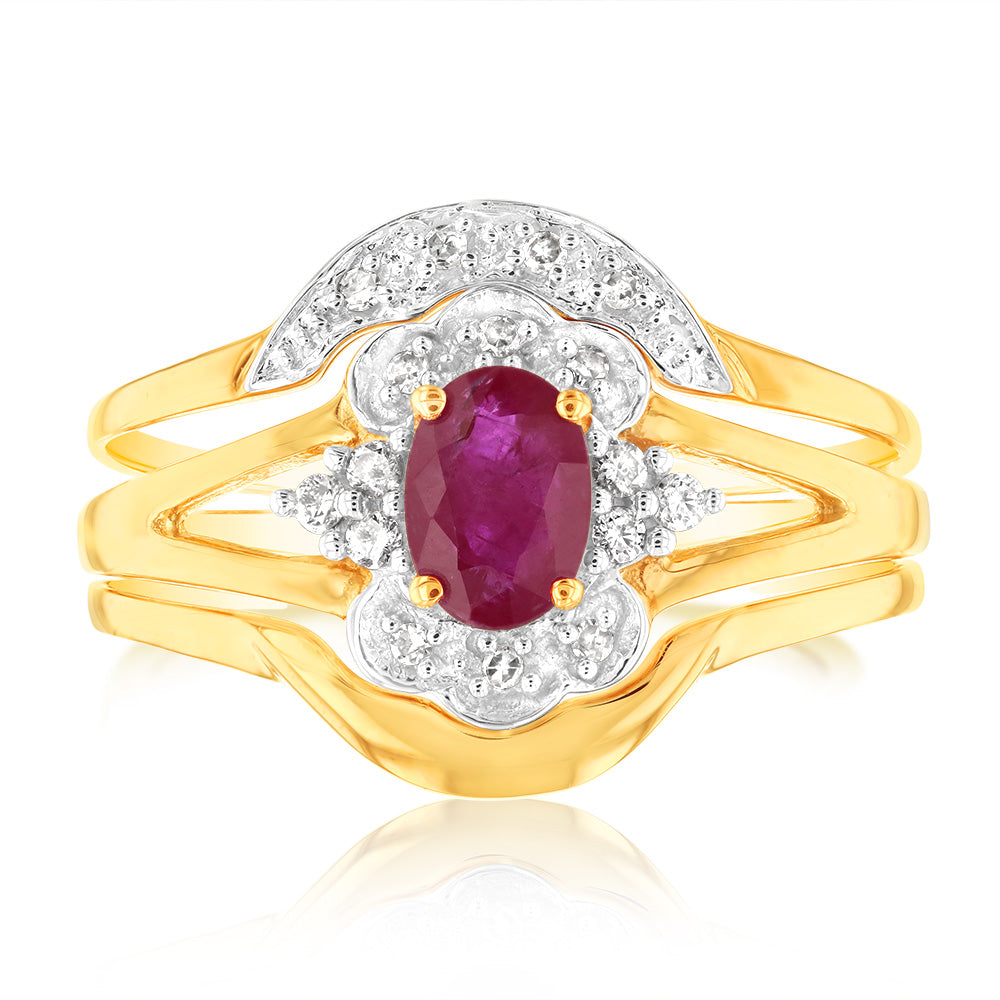 0.55 Carat Natural Ruby & 16 Diamond Bridal Ring Set in 9K Yellow Gold - Wedding, Engagement, Anniversary Jewelry Gift for Her