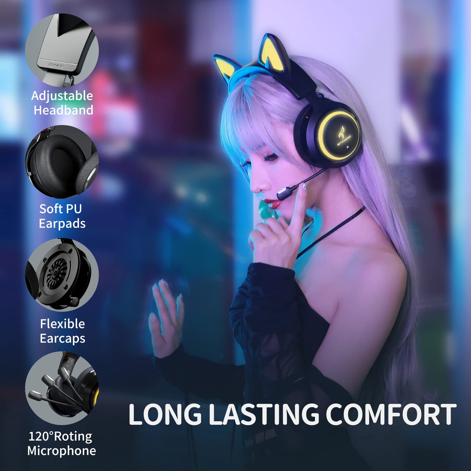 SOMIC GS510 Wireless Cat Ear Gaming Headset for PS5, PS4, PC - 2.4G Retractable Mic, 7.1 Stereo Sound, 8H Battery, RGB Lights (Xbox Wired Mode) - Perfect for Gaming, Streaming & Online Classes