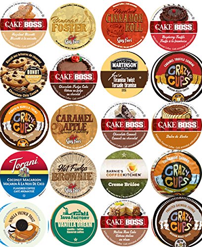 20 Cup Gourmet Dessert-Inspired Flavored Coffee Sampler - Chocolate Fudge Cake, Peanut Butter Banana Cream Pie, Cinnamon Roll & More - 20 Unique Flavors for Home, Office & Gift Giving