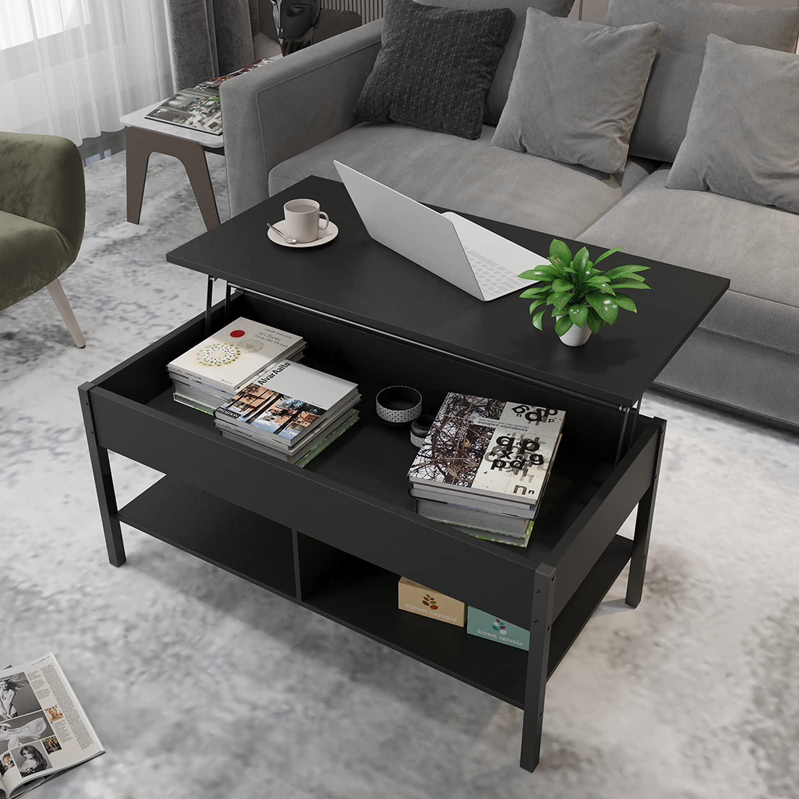 Modern Lift-Top Coffee Table with Storage & Lower Shelf - Sofa Table for Living Room, Black & White Wooden Design - Perfect for Small Spaces, Home Office & Apartment Decor