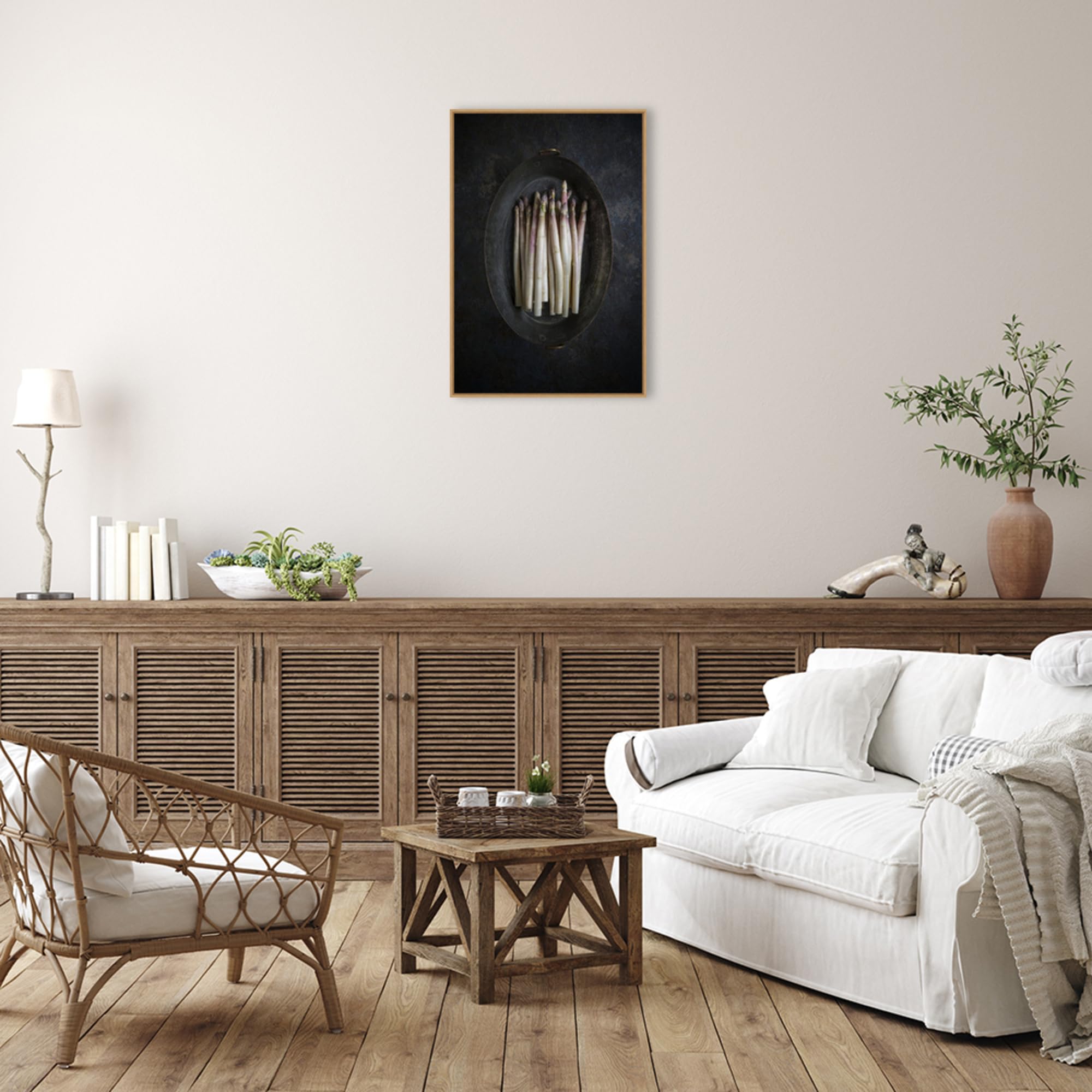 Amanti Art Framed Canvas Wall Art 33x23 - White Asparagus by Diana Popescu, Modern Kitchen Decor, Large Framed Poster Painting for Living Room, Bedroom, Bathroom & Dining Room - Perfect for Home, Office & Restaurant Wall Decoration