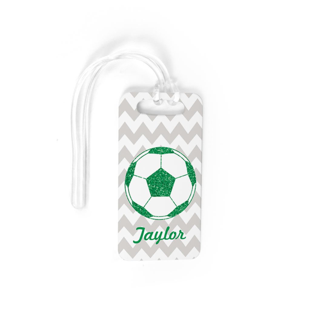 Personalized Glitter Soccer Ball Luggage Tag - Small Green Soccer Bag Tag with Standard Lines on Back - Perfect for Travel, Sports Gear & Team Identification