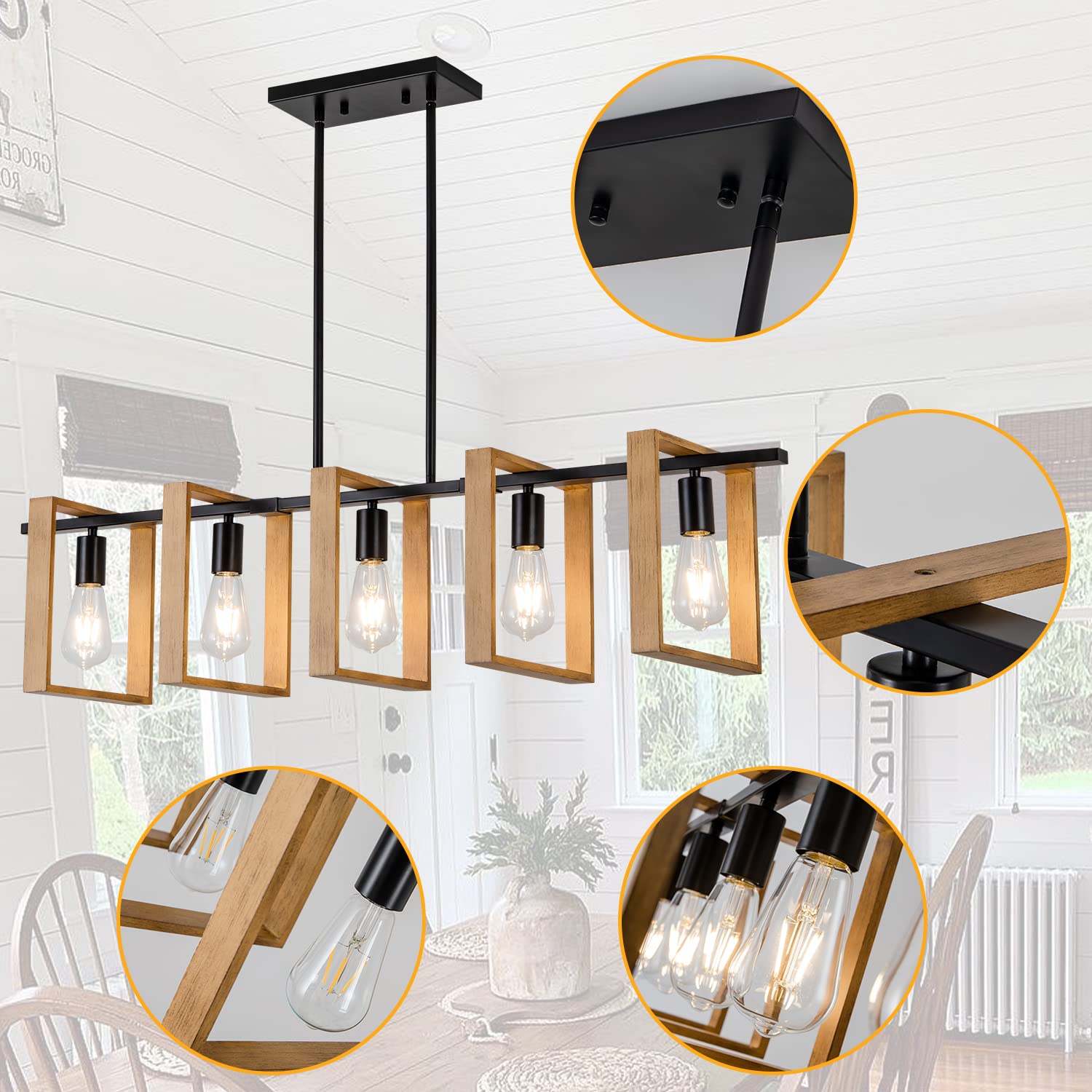 Farmhouse Chandelier - 5-Light Wood and Black Rustic Pendant Lighting for Dining Room & Kitchen Island (41.3