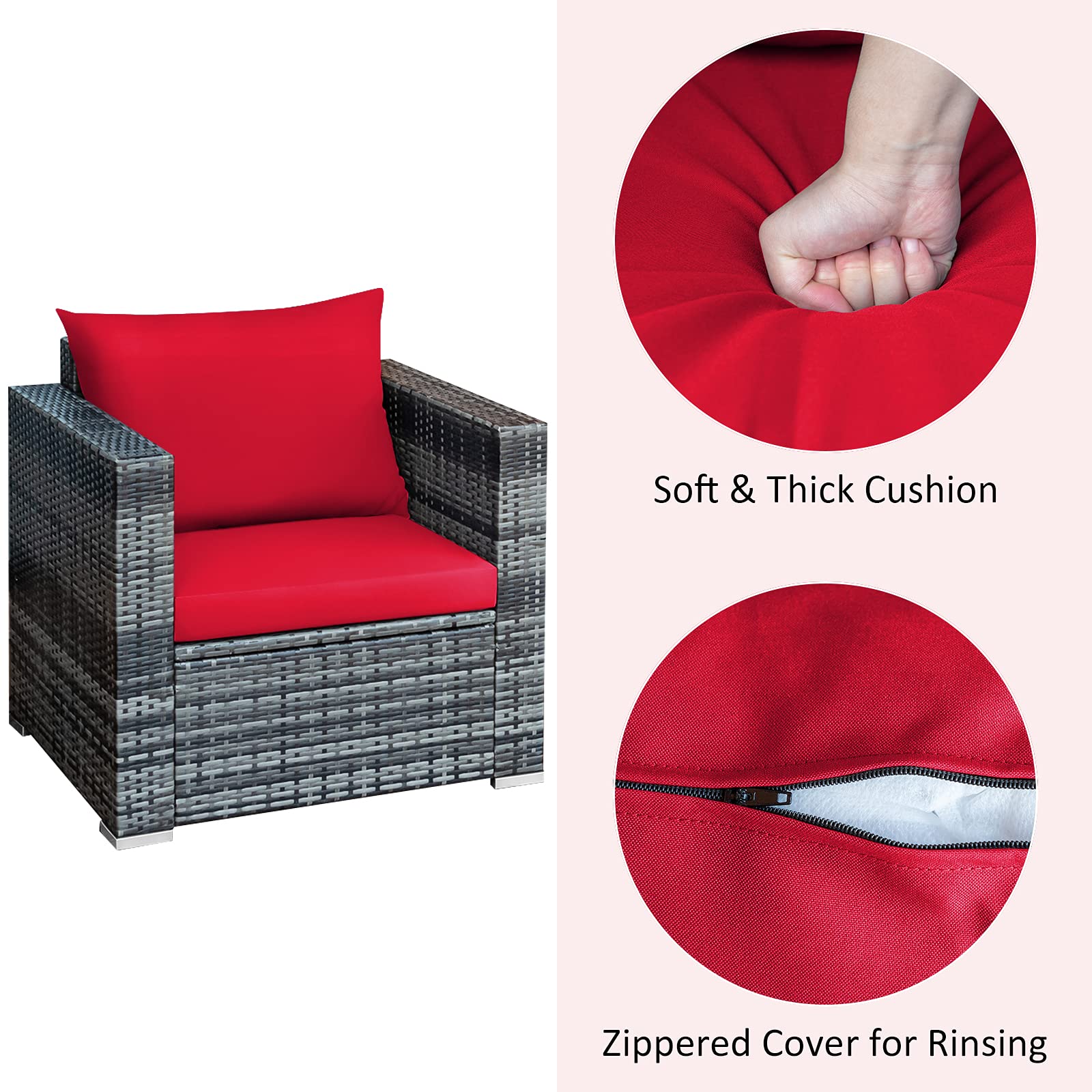 Tangkula 3-Piece Outdoor Patio Furniture Set - PE Rattan Wicker Sofa with Washable Cushions & Tempered Glass Table - Garden, Poolside, Backyard Conversation Set for Relaxing & Entertaining