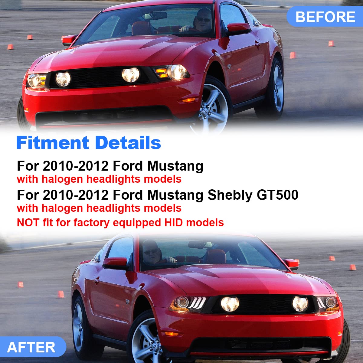 ROXX LED Sequential Headlights for 2010-2012 Ford Mustang (Halogen Models Only) - High/Low Beam Projector Headlights with S550 Style LED DRL & Amber Sequential Turn Signals - Driver & Passenger Side - Perfect for Night Driving & Car Customization