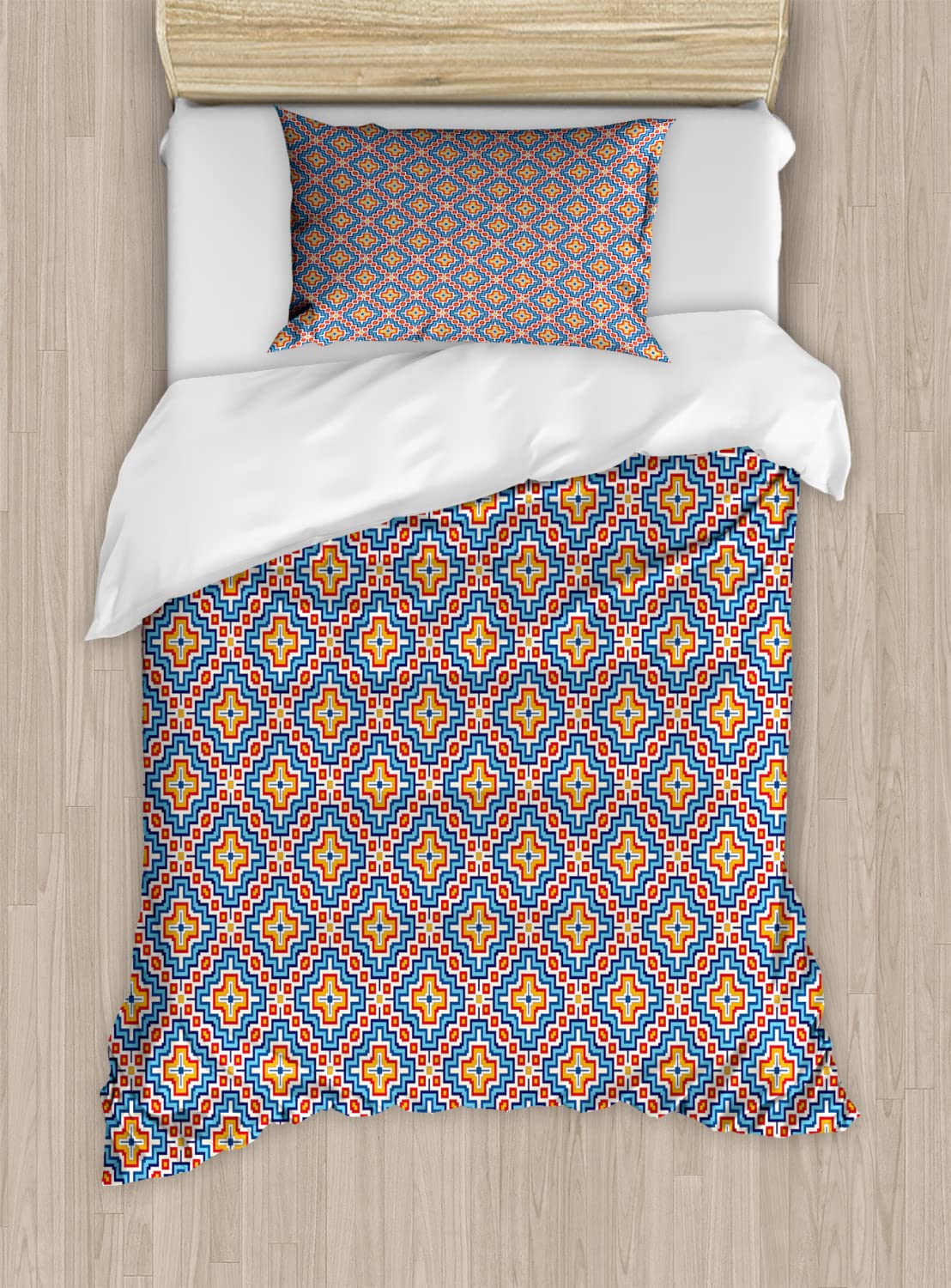 Ambesonne Aztec Duvet Cover Set - King Size 2-Pack with 4 Pillowcases | Portuguese Azulejo Mosaic & Medieval European Design in Apricot Red & Sky Blue | Luxury Bedding for Master Bedroom, Guest Room & Vacation Homes