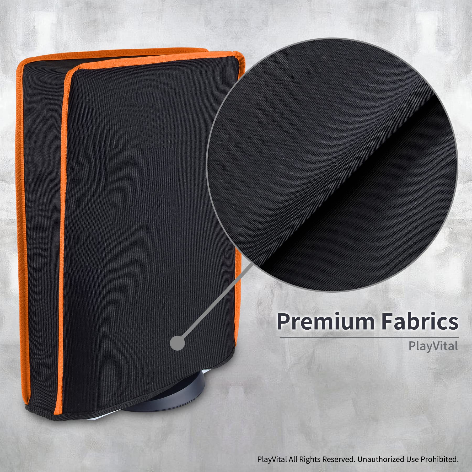 PlayVital Black Nylon Dust Cover for PS5 Console - Soft Lining, Anti-Scratch & Waterproof Protective Sleeve for PS5 Digital & Disc Edition (Orange Trim) - Perfect for Home Entertainment Setup & Gaming Storage Protection