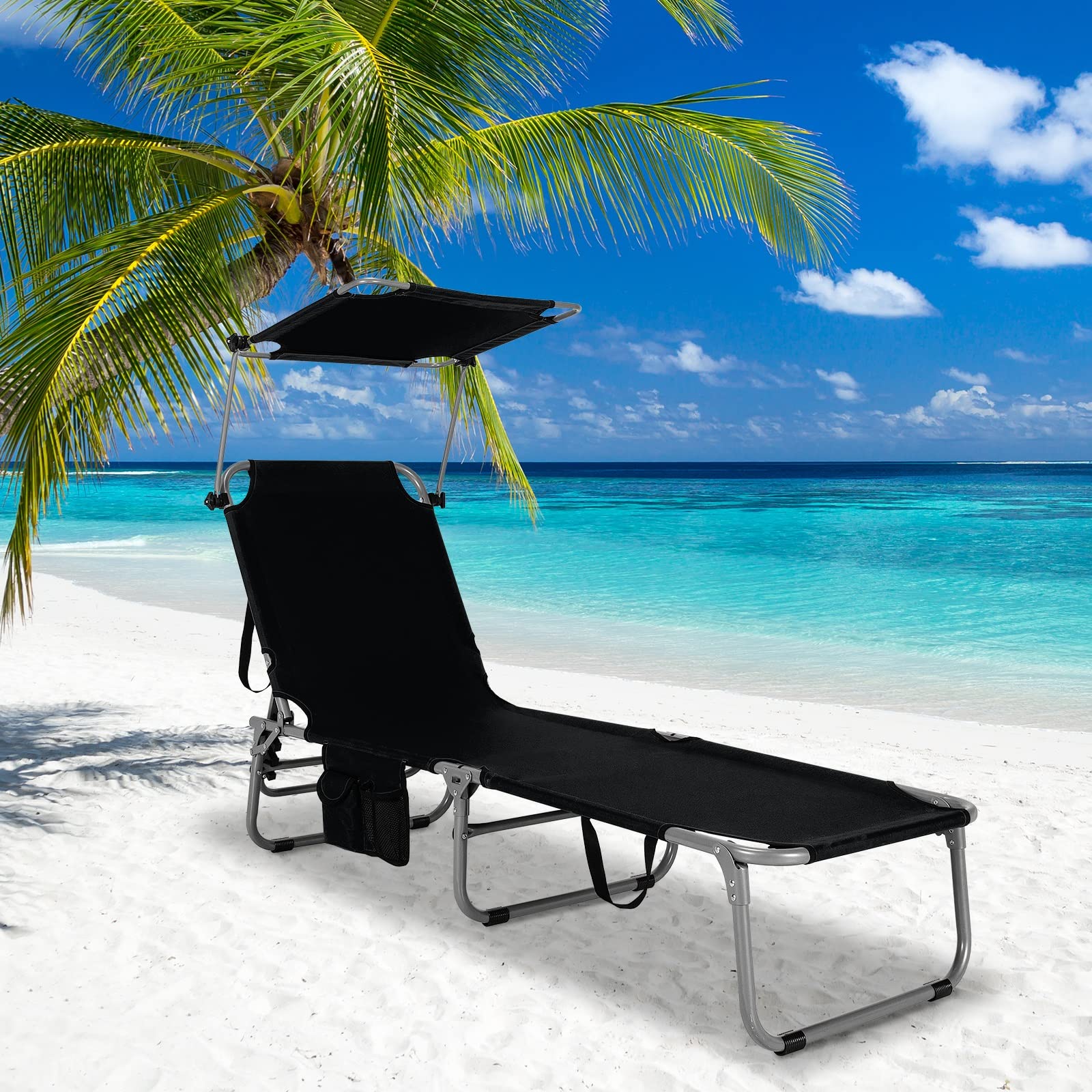 **Tangkula 5-Position Folding Chaise Lounge Chair - Adjustable Reclining Beach Chair with 360° Canopy Shade & Side Storage Pocket - Portable Outdoor Patio Recliner for Sunbathing, Poolside, Backyard, Camping (Black, 2-Pack)**