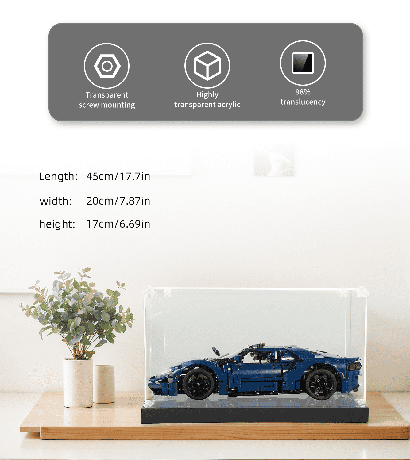 ICUANUTY LEGO Technic Display Case for 2022 Ford GT 42154 - Premium Acrylic Showcase Protector for LEGO Car Models | Perfect for Home Decoration, Office Display & Collector's Showcase
