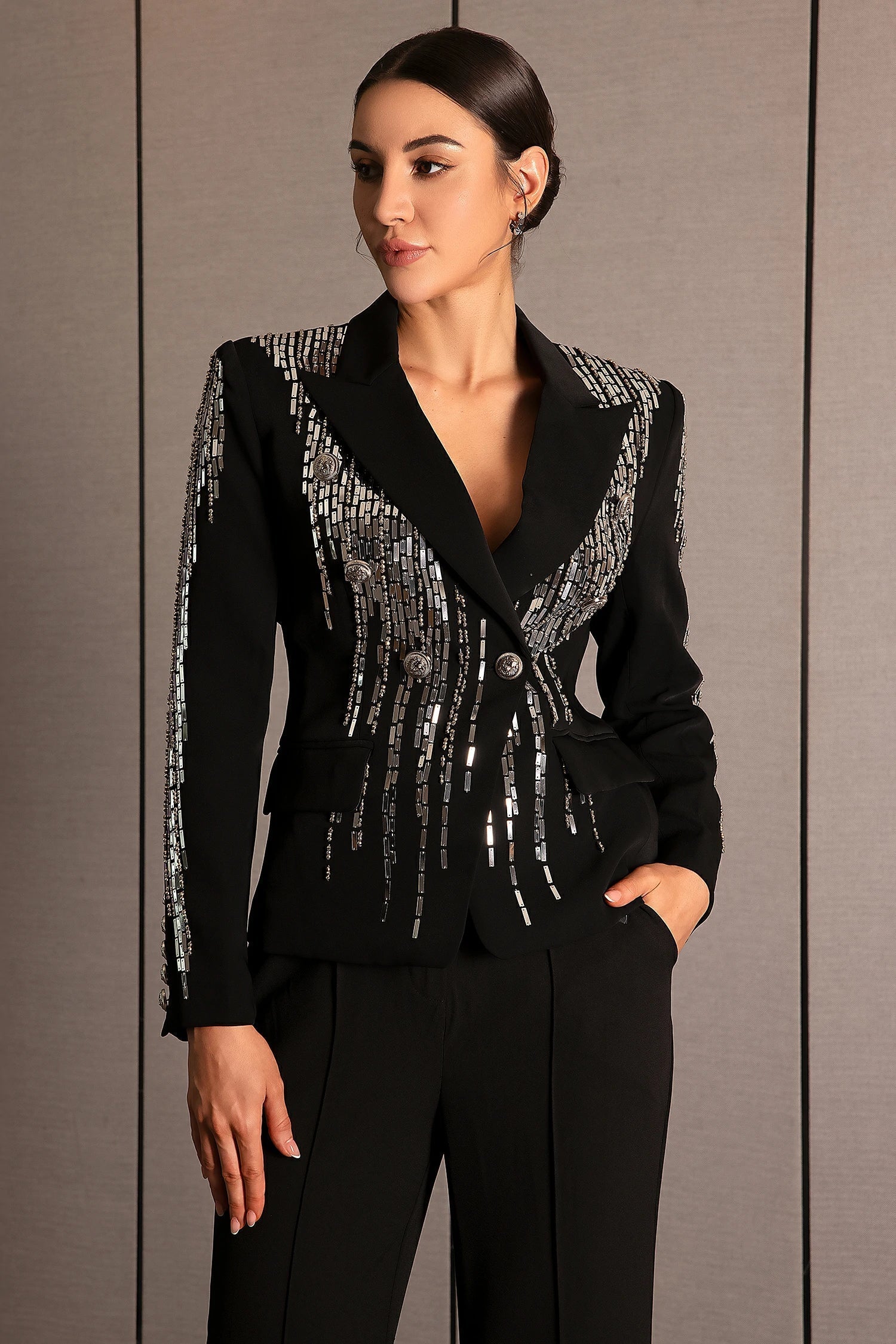 Andrea Faidra Rhinestone Double Breasted Lapel Blazer for Women - Black Formal Jacket with Crystal Embellishments | Perfect for Office Wear, Evening Parties & Special Occasions