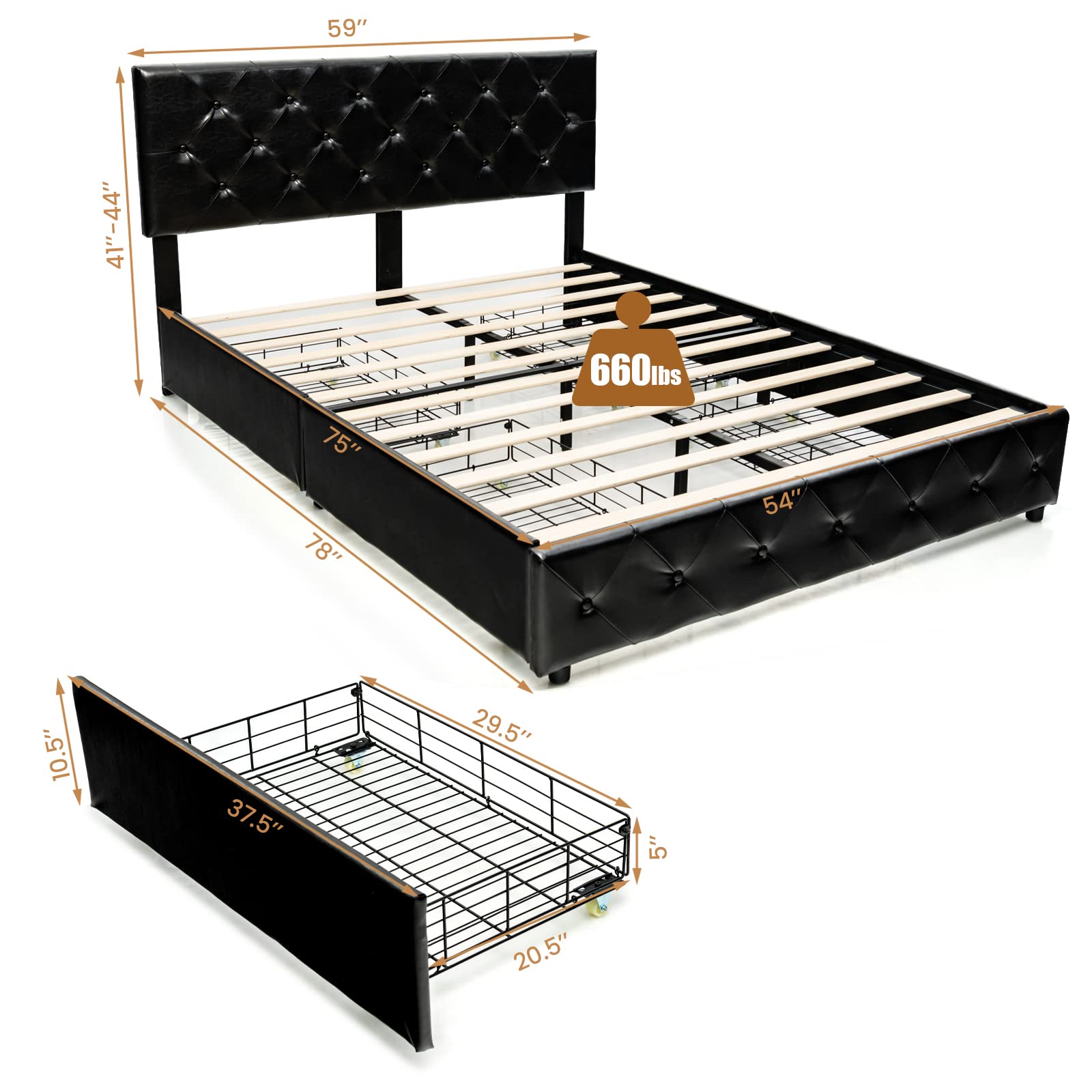 Giantex Full Size Upholstered PU Leather Platform Bed Frame with 4 Storage Drawers, Adjustable Headboard & Solid Wood Slats - No Box Spring Needed - Button Tufted Mattress Foundation - Easy Assembly - Black - Perfect for Small Bedrooms & Guest Rooms