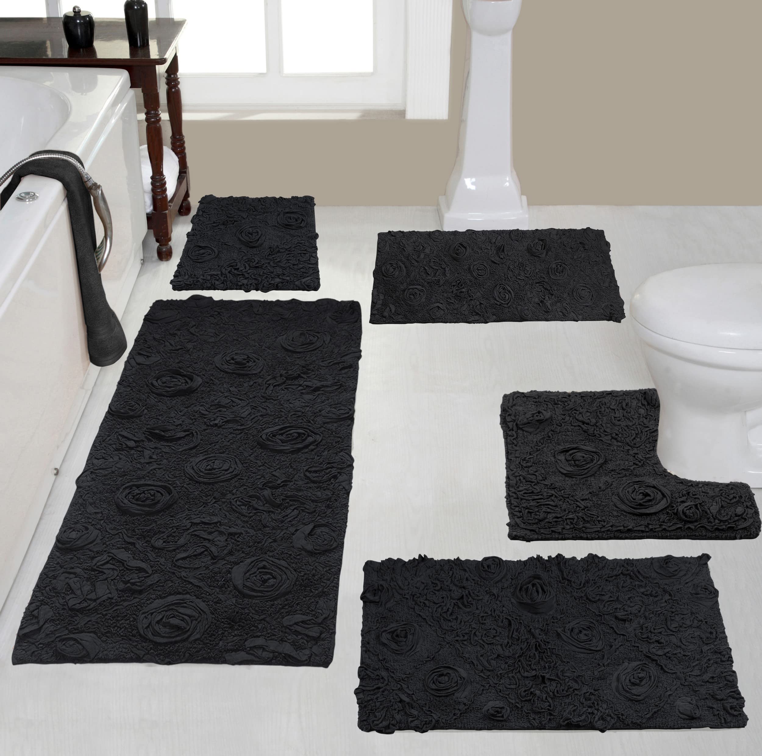 Premium 5-Piece Cotton Bath Rug Set - Ultra Soft, Absorbent & Non-Slip Bathroom Mats for Floor Safety | Washable Contour Gray Bath Mats for Bathroom, Kitchen & Shower Use