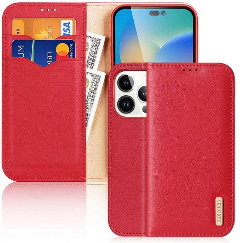 Dux Ducis Genuine Leather iPhone 14 Wallet Case with Card Holder - Slim Protective Cover for Everyday Use & Travel
