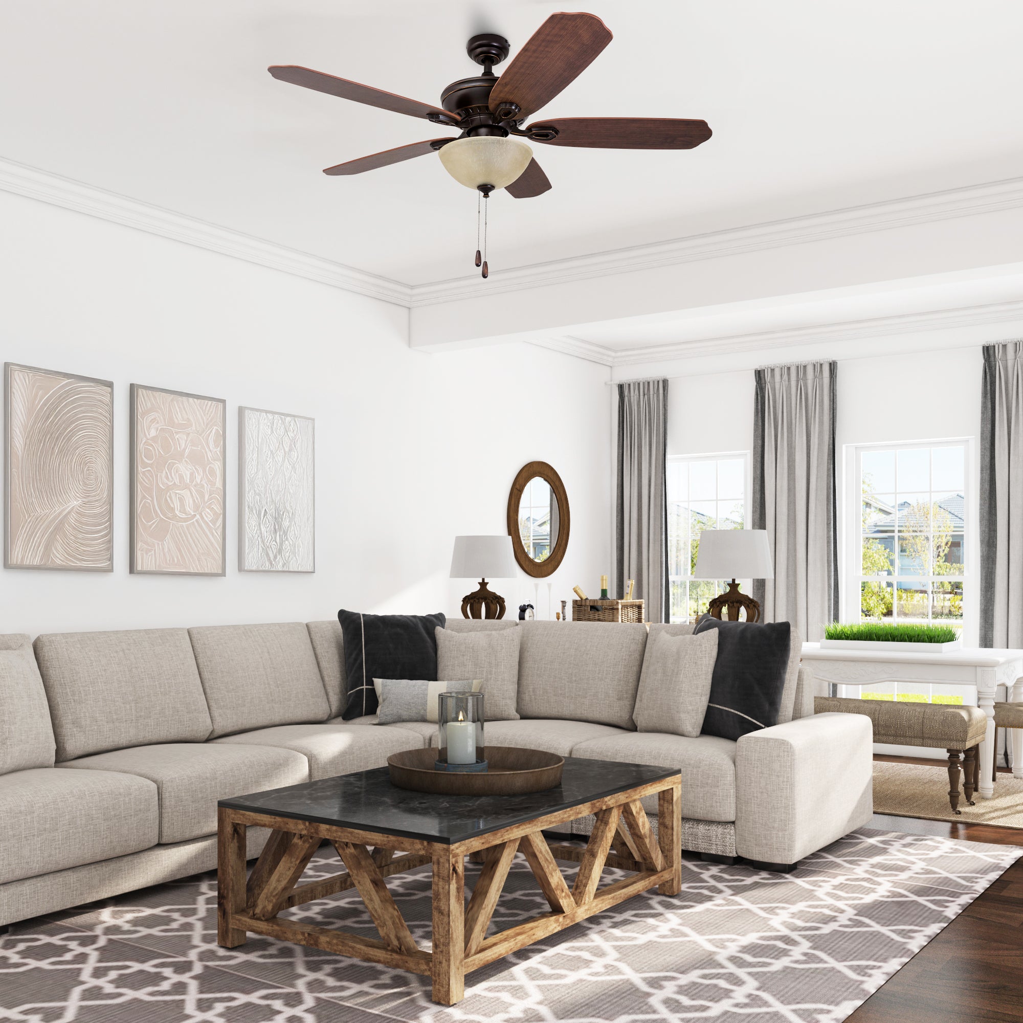 52 Inch Spring Hollow Ceiling Fan with Oil Rubbed Bronze Finish and Pull Chain - Perfect for Living Room, Bedroom, and Outdoor Patio Cooling