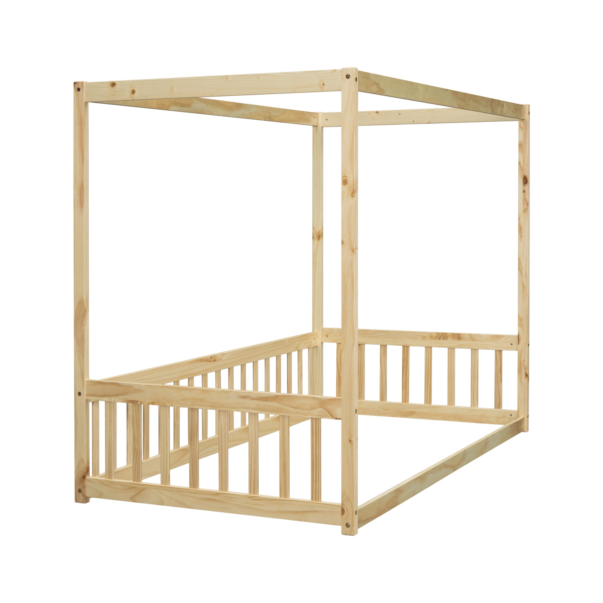 Twin Size Wood Canopy Bed Frame with Safety Fence for Kids - Sturdy Four Poster Platform Bed for Boys & Girls (Natural Finish) - Perfect for Nursery, Bedroom, Playroom & Sleepovers