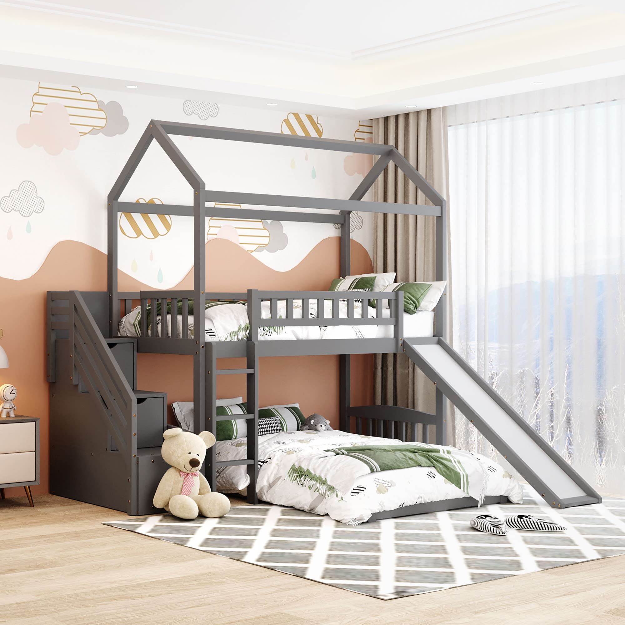**Twin Over Twin Bunk Bed with Slide, Stairs & Storage Drawers - No Box Spring Needed, Gray - Perfect for Kids' Bedroom, Loft or Small Space**