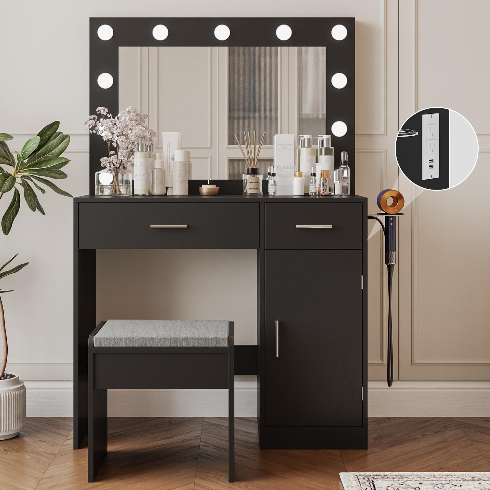 Elegant Vanity Desk with Mirror, Large Storage Drawer & Built-in Power Outlet - 11 LED Bulbs & 3 Adjustable Lighting Modes, Perfect Makeup Dressing Table for Bedroom, Home Decor (Black) | Ideal for Makeup Application, Skincare Routine & Home Styling