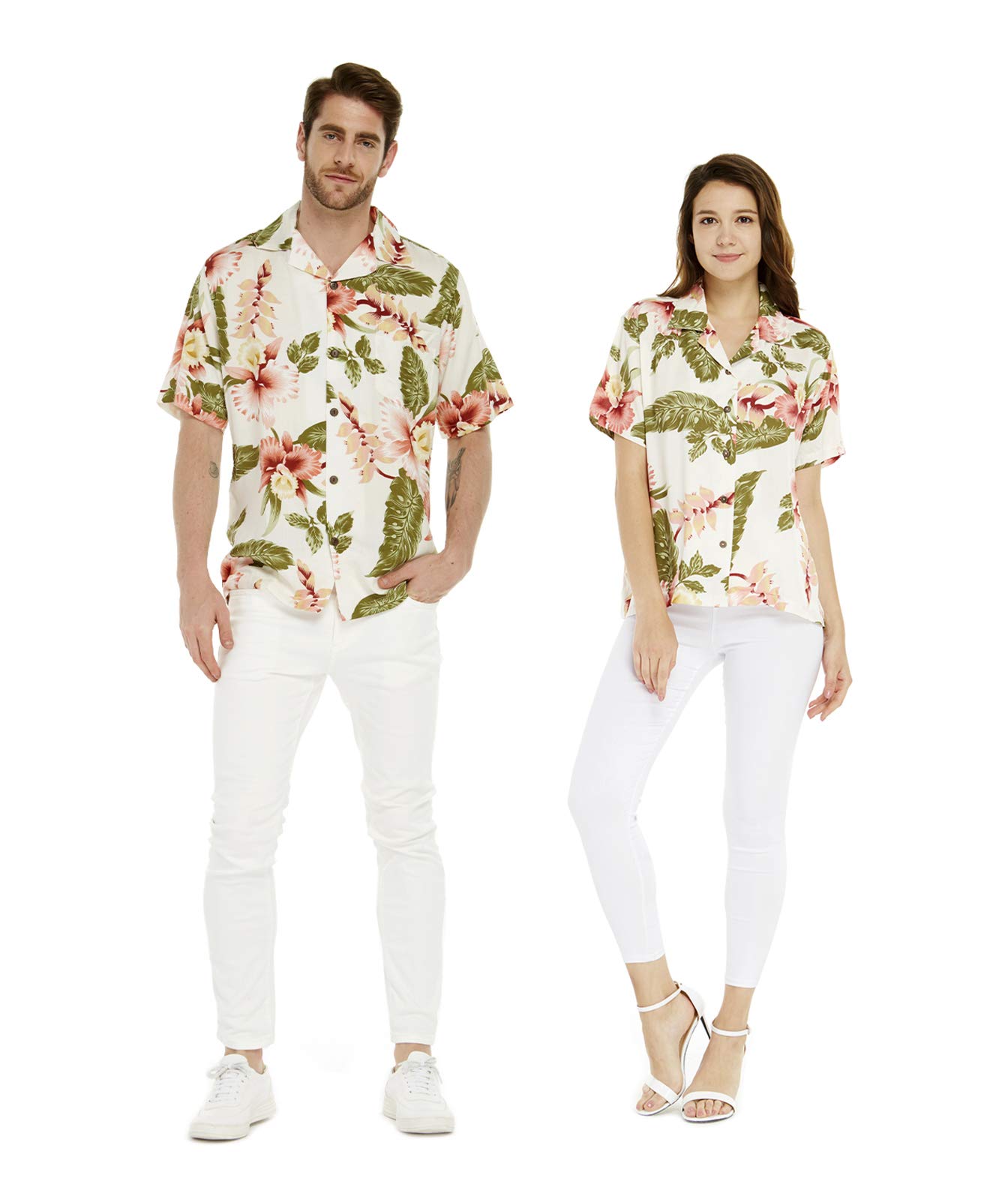 Matching Couple Hawaiian Luau Outfits - Cream Rafelsia Aloha Shirts for Beach Party, Summer Vacation & Tropical Theme Events