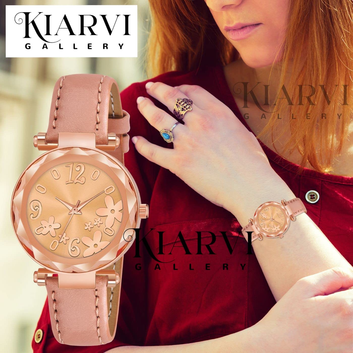 KIARVI GALLERY Analog Black Floral Dial Women's Fashion Watch with Genuine Leather Strap - Perfect for Casual Wear, Office & Gift Giving