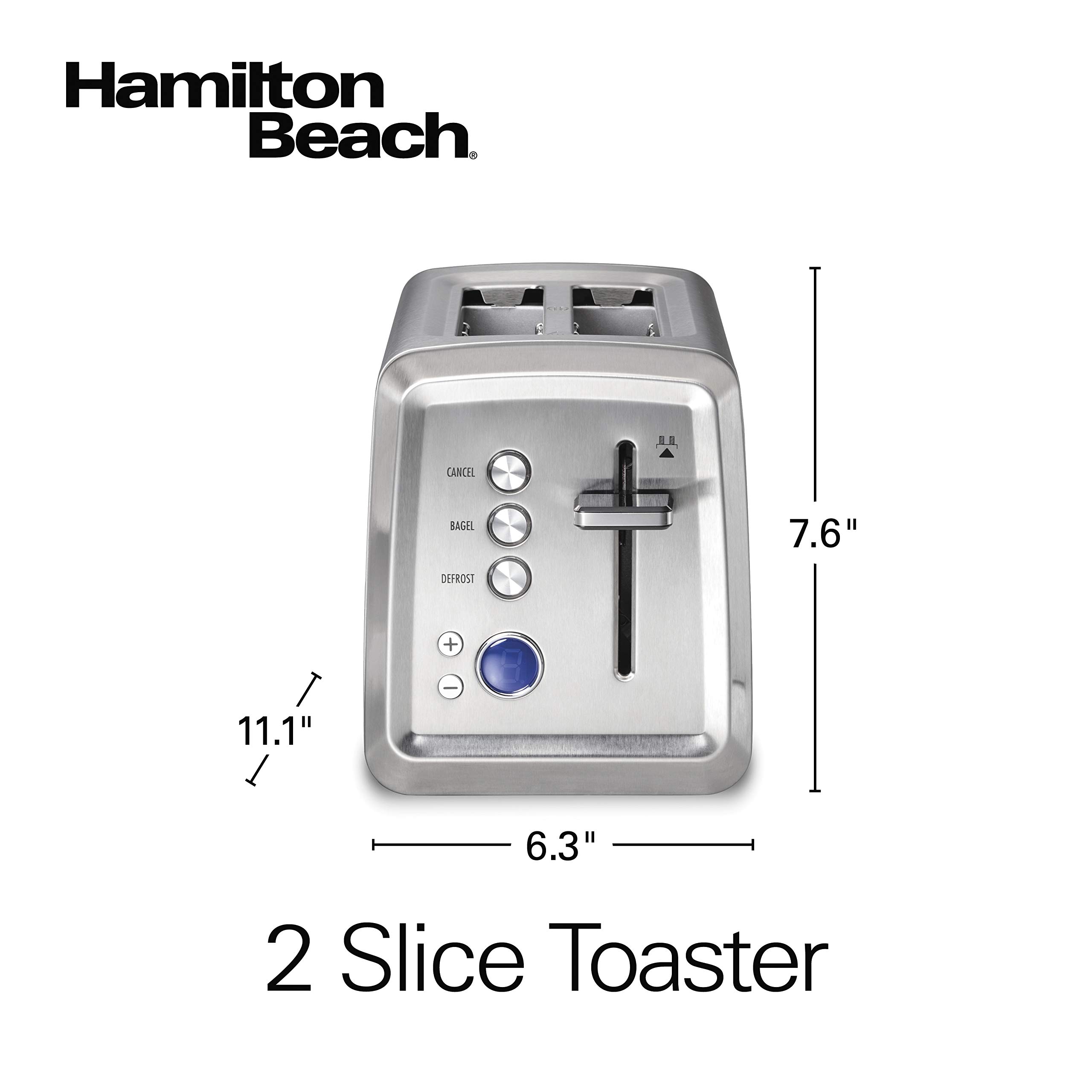 Hamilton Beach 2 Slice Toaster with Extra-Wide Slots - Bagel Setting, Defrost Function & Auto Shutoff - Stainless Steel Toaster for Bagels, Thick Bread & Pastries - Perfect for Breakfast, Kitchen & Office Use (Model 22796)