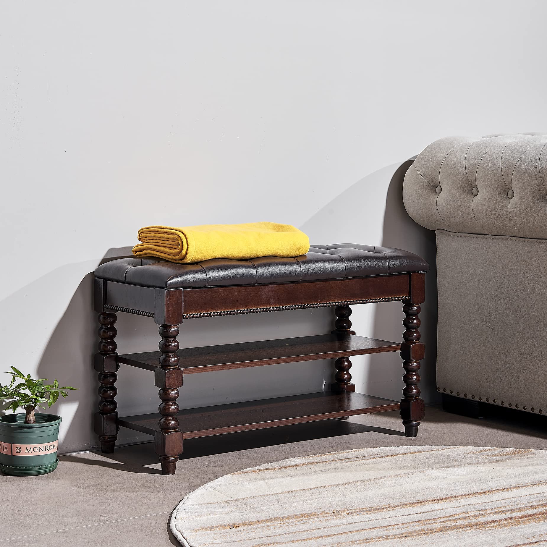 Wooden Shoe Storage Bench with Leather Seat - 2-Tier Lift-top Entryway Organizer for Shoes (31.5