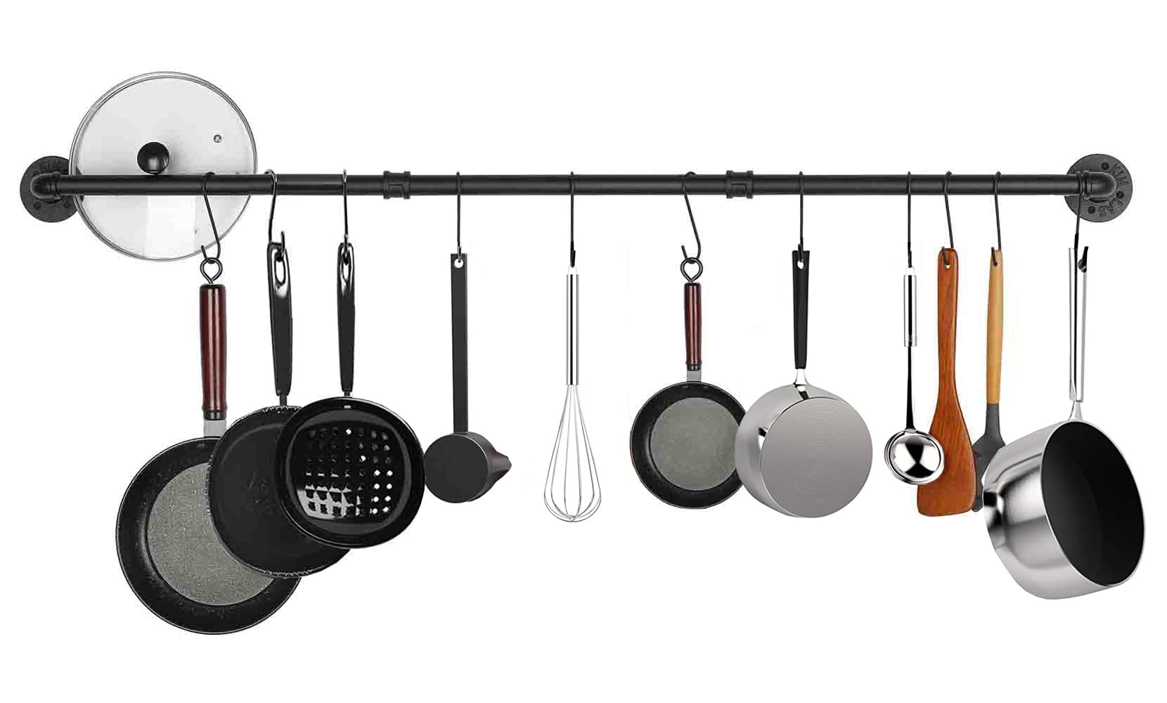 Melody House 47.2 Inch Industrial Pipe Kitchen Rail Rack with 10 S Hooks - Wall Mounted Detachable Utensil Holder for Pots, Pans & Cooking Tools - Perfect for Small Kitchens & Organized Cooking Spaces (Black)