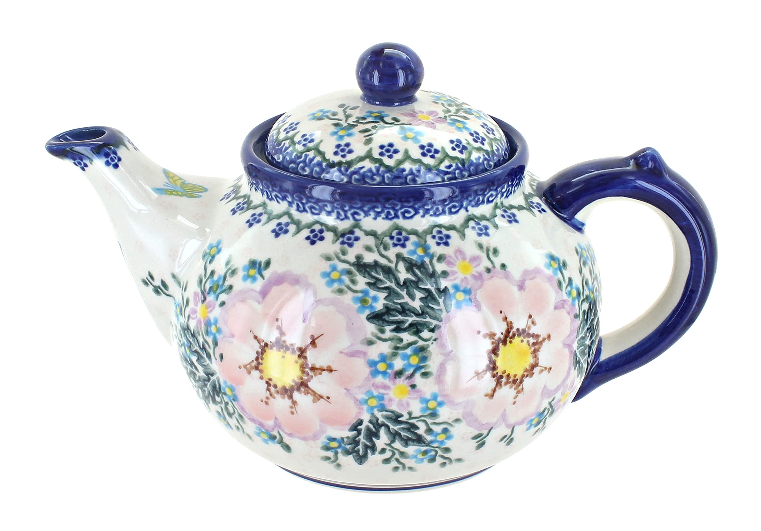 Handmade Blue Rose Polish Pottery Apple Blossom Teapot - Elegant Floral Ceramic Teapot for Afternoon Tea & Home Decor