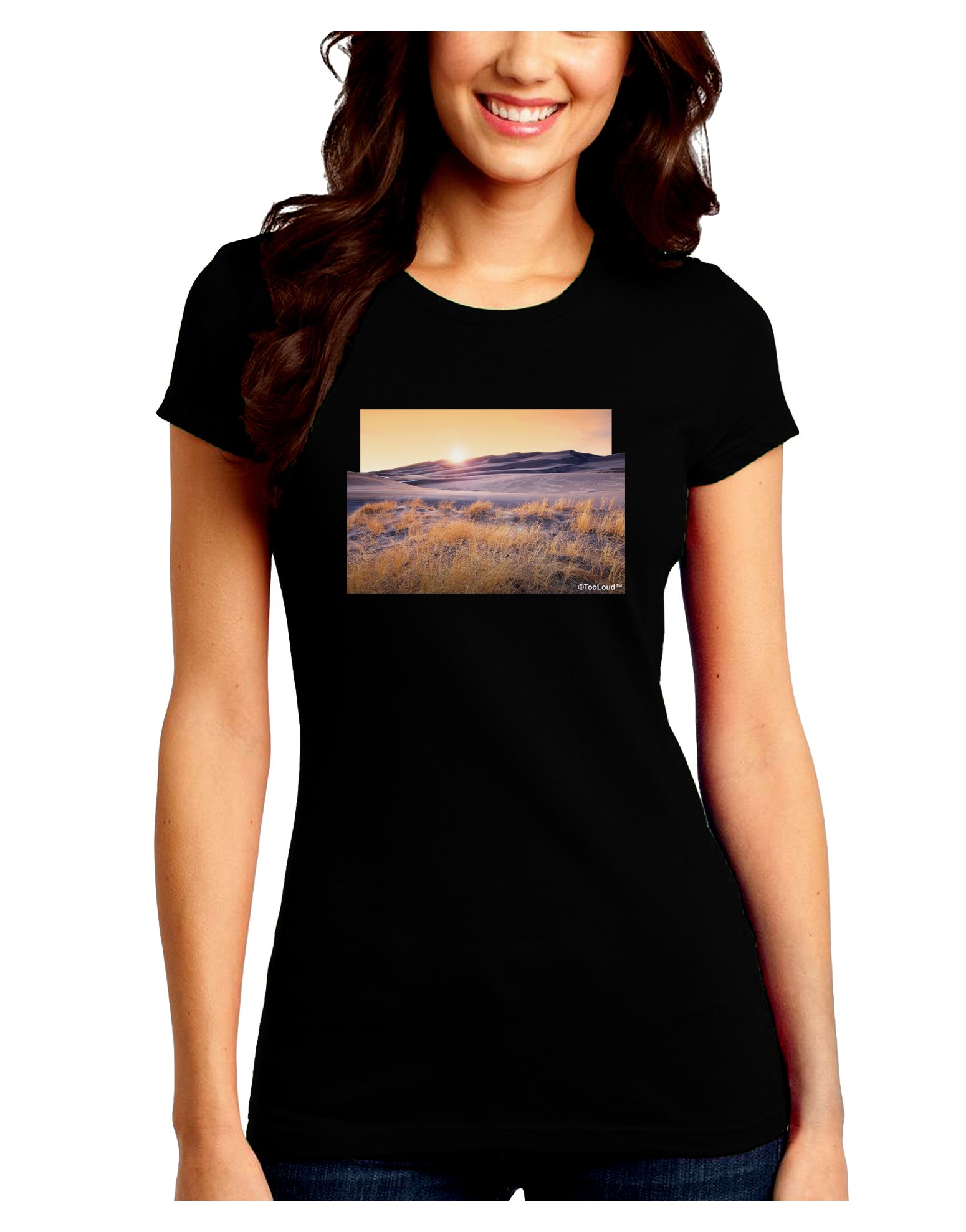 TooLoud Colorado Sand Dunes Graphic Juniors Crew Neck Dark T-Shirt | Trendy Casual Tee for Women & Teens | Perfect for Music Festivals, Concerts & Everyday Wear