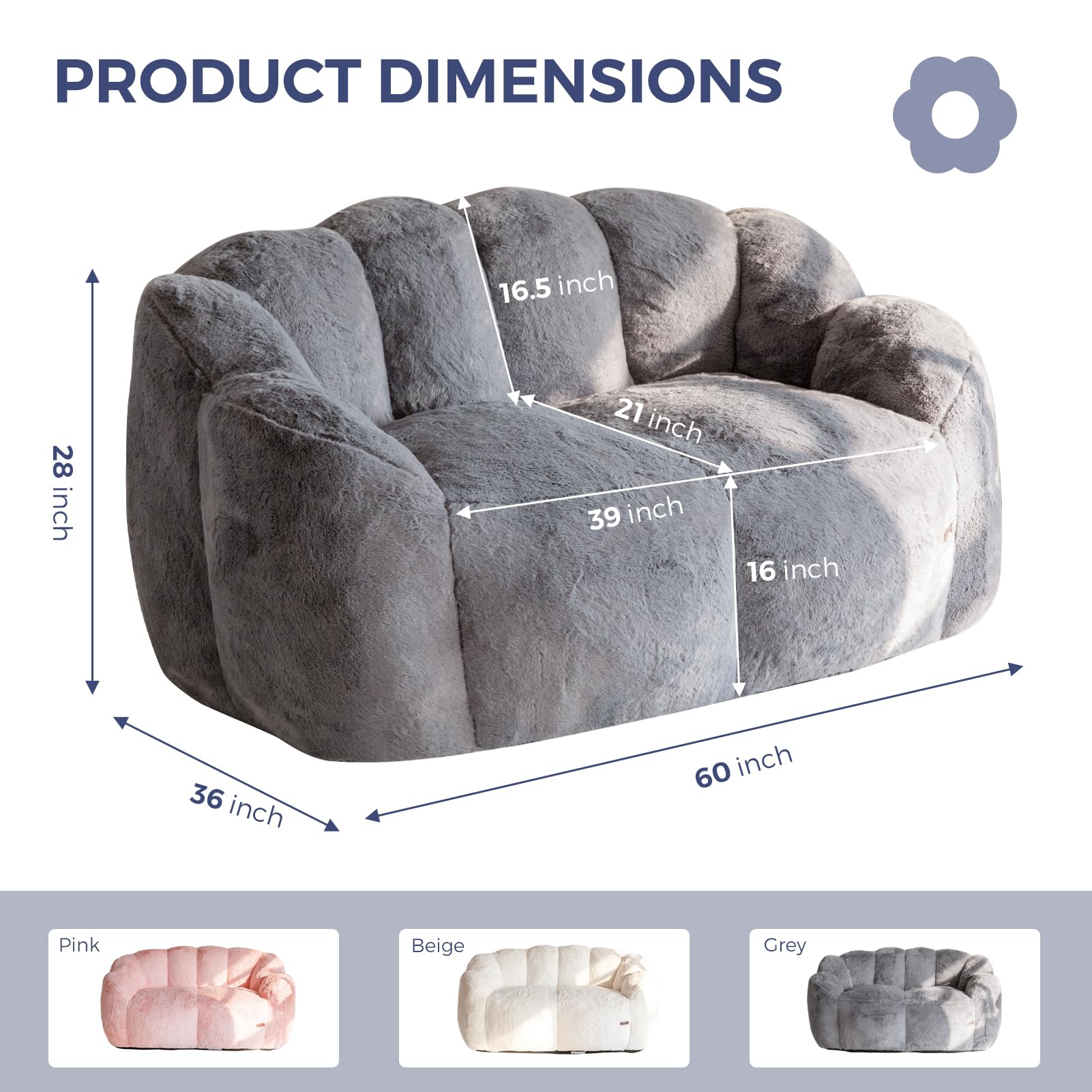 MAXYOYO Ultra Soft Faux Fur Bean Bag Chair - Double Size Loveseat with Floral Petal Back Design for Adults & Teens, Dark Grey - Perfect for Living Rooms, Bedrooms, Dorms & Game Rooms