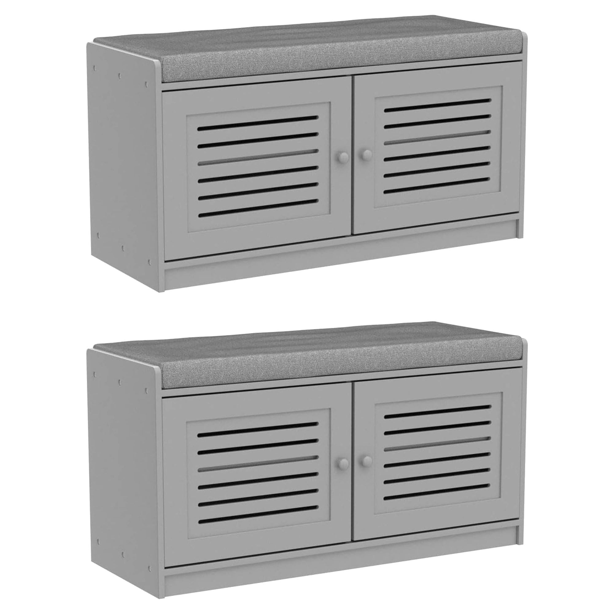2 Pack Gray Wooden Shoe Storage Bench with Cushioned Seat & Adjustable Shelves - Entryway Organizer for Living Room, Bedroom & Hallway | Perfect for Small Spaces, Closet Organization & Shoe Rack Furniture
