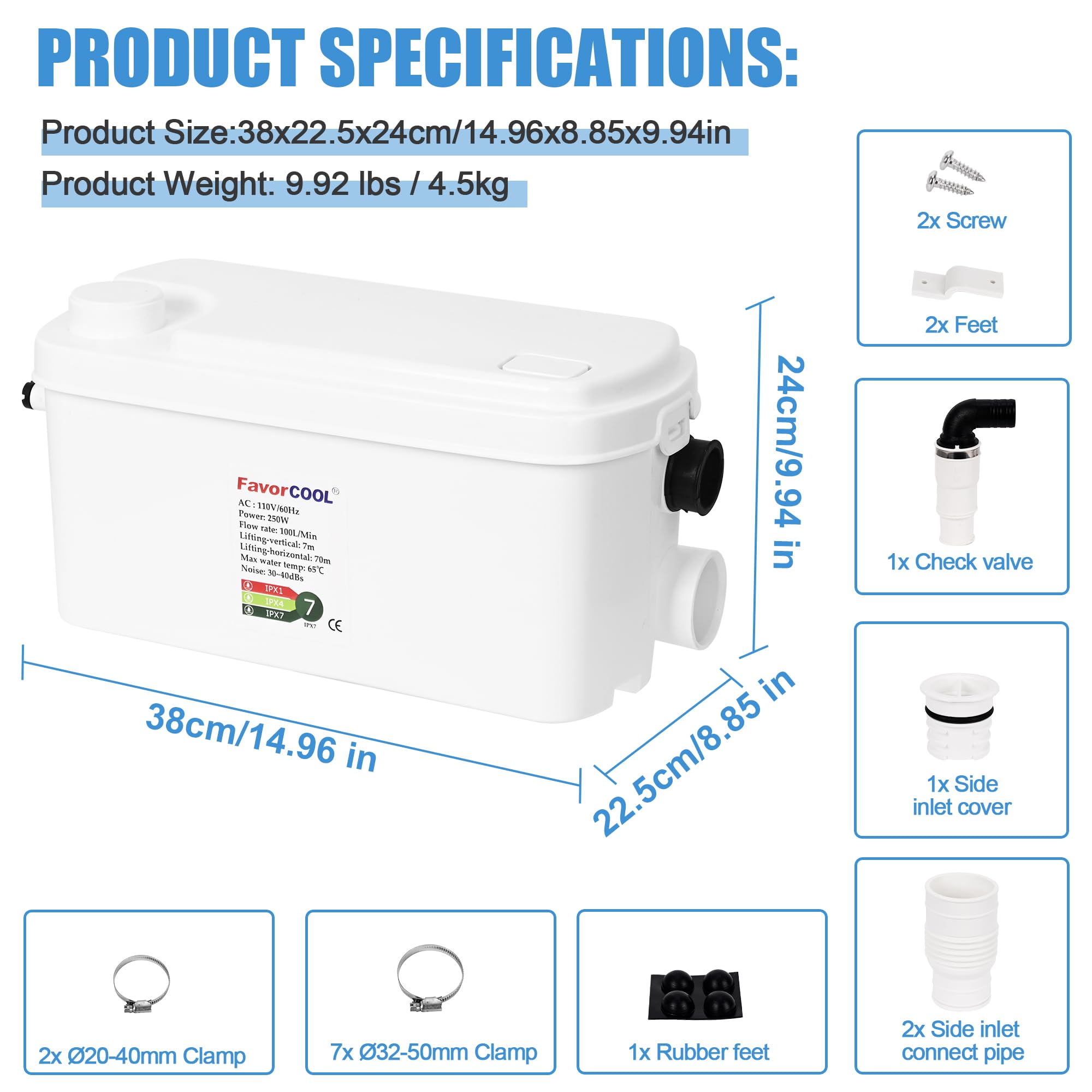250W Macerator Sewage Pump with 3 Water Inlets - Upflush to 22.9ft/7m for Basement, Kitchen, Shower & Laundry - Powerful Wastewater Treatment Solution for Home and Commercial Use