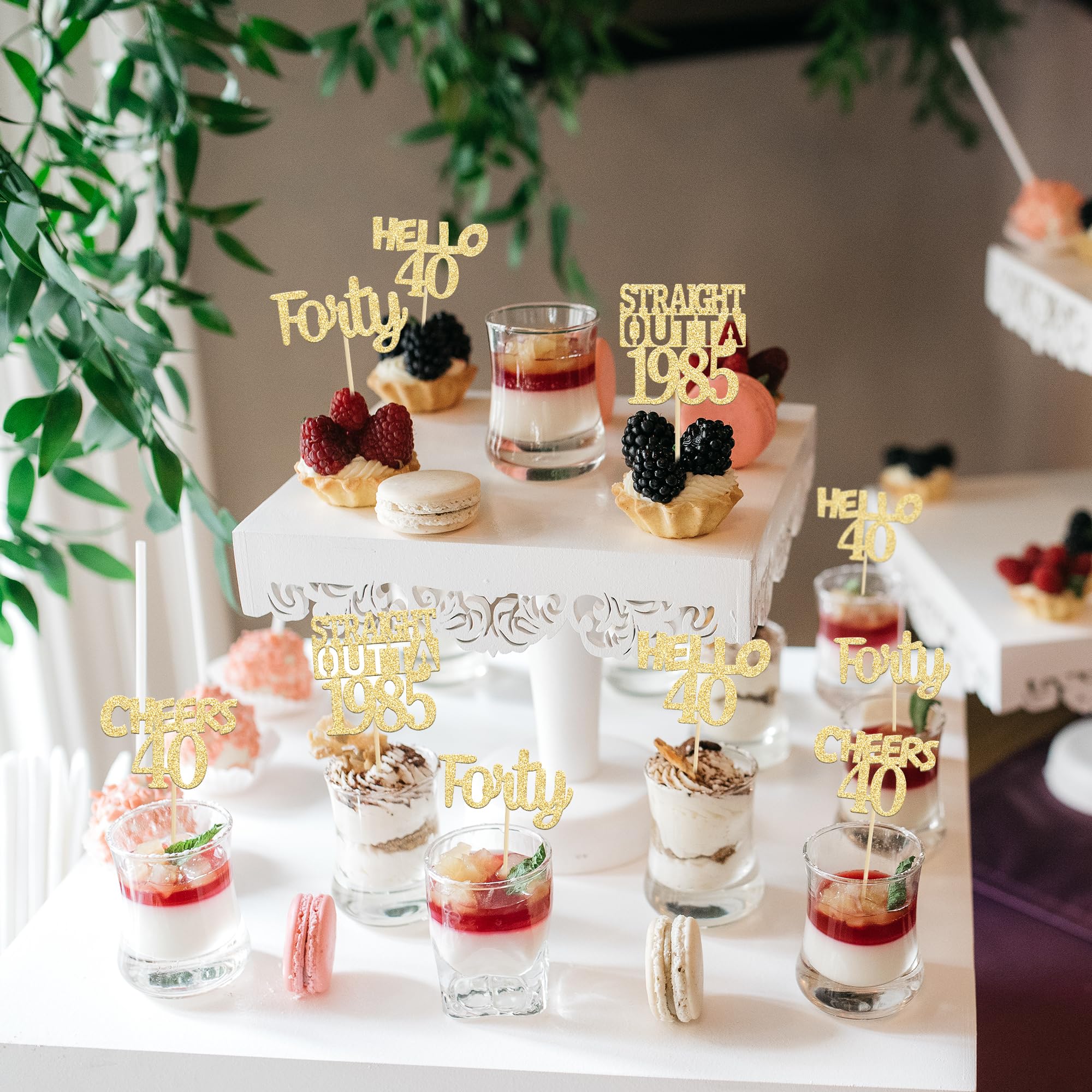 Gyufise 24 Pack 40th Birthday Cupcake Toppers - Gold Glitter 'Forty Straight Outta 1985' & 'Hello 40' Cake Decorations for Anniversary Parties - Cheers to 40 Years Celebration Supplies (Perfect for Milestone Birthdays, Retirement Parties & Decadent Dessert Displays)