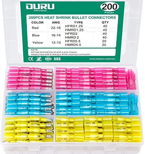 200PCS Heat Shrink Bullet Connectors Kit - 22-10 AWG Waterproof Marine Electrical Connectors for Automotive, Boat & RV Wiring - Male & Female Insulated Crimp Wire Splice Connectors for DIY Electrical Projects