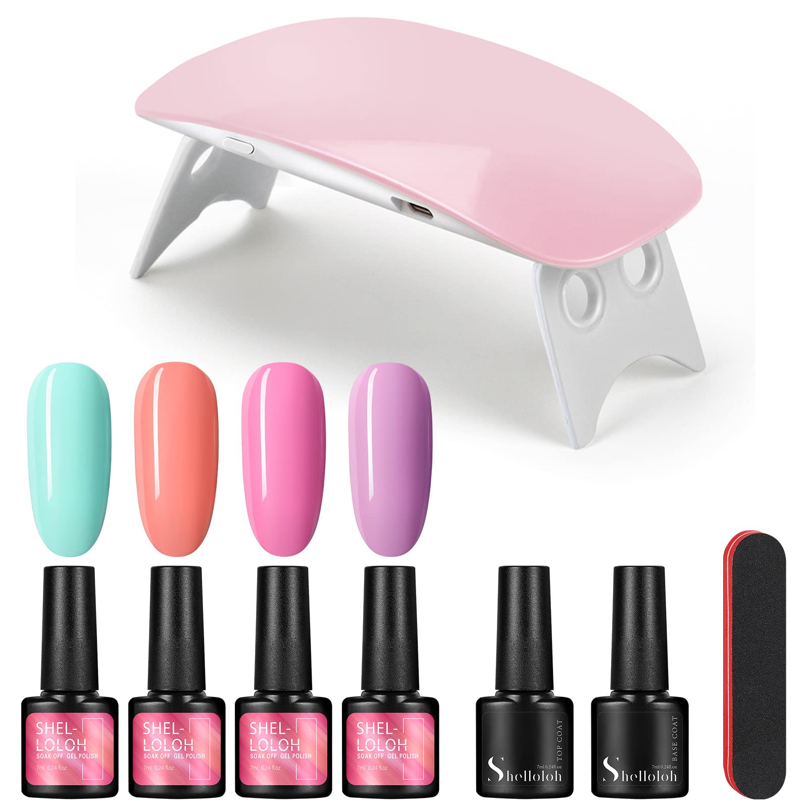 SHELLOLOH Gel Nail Polish Starter Kit with UV/LED Lamp - 6 Colors (Pink, Purple, Green) + Base & Top Coat - Soak Off Nail Art Manicure Set for Home & Salon Use - Perfect for DIY Nails, Parties & Professional Nail Services