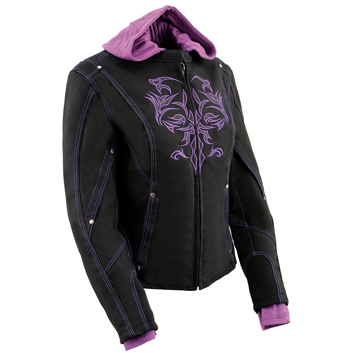Milwaukee Leather MPL1967 Women's 3/4 Sleeve Hooded Black & Purple Motorcycle Jacket with Reflective Tribal Design - Plus Size 5XL - Perfect for Riding & Outdoor Adventures