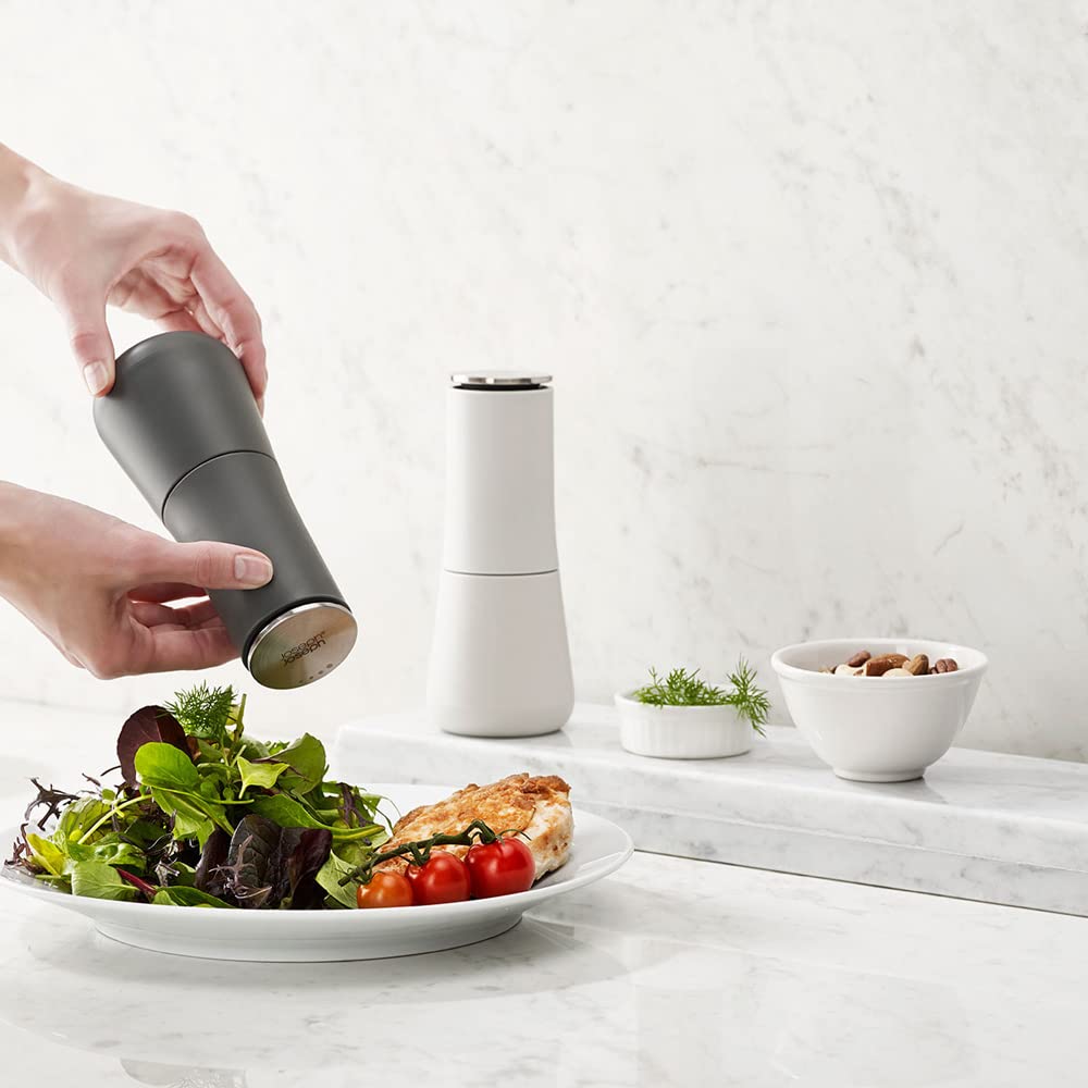 Joseph Joseph Milltop Adjustable Salt and Pepper Grinder Set - Dark Gray & White 2-Piece Spice Mill for Kitchen, Dining Table, and Outdoor Cooking - Coarse to Fine Grind Control