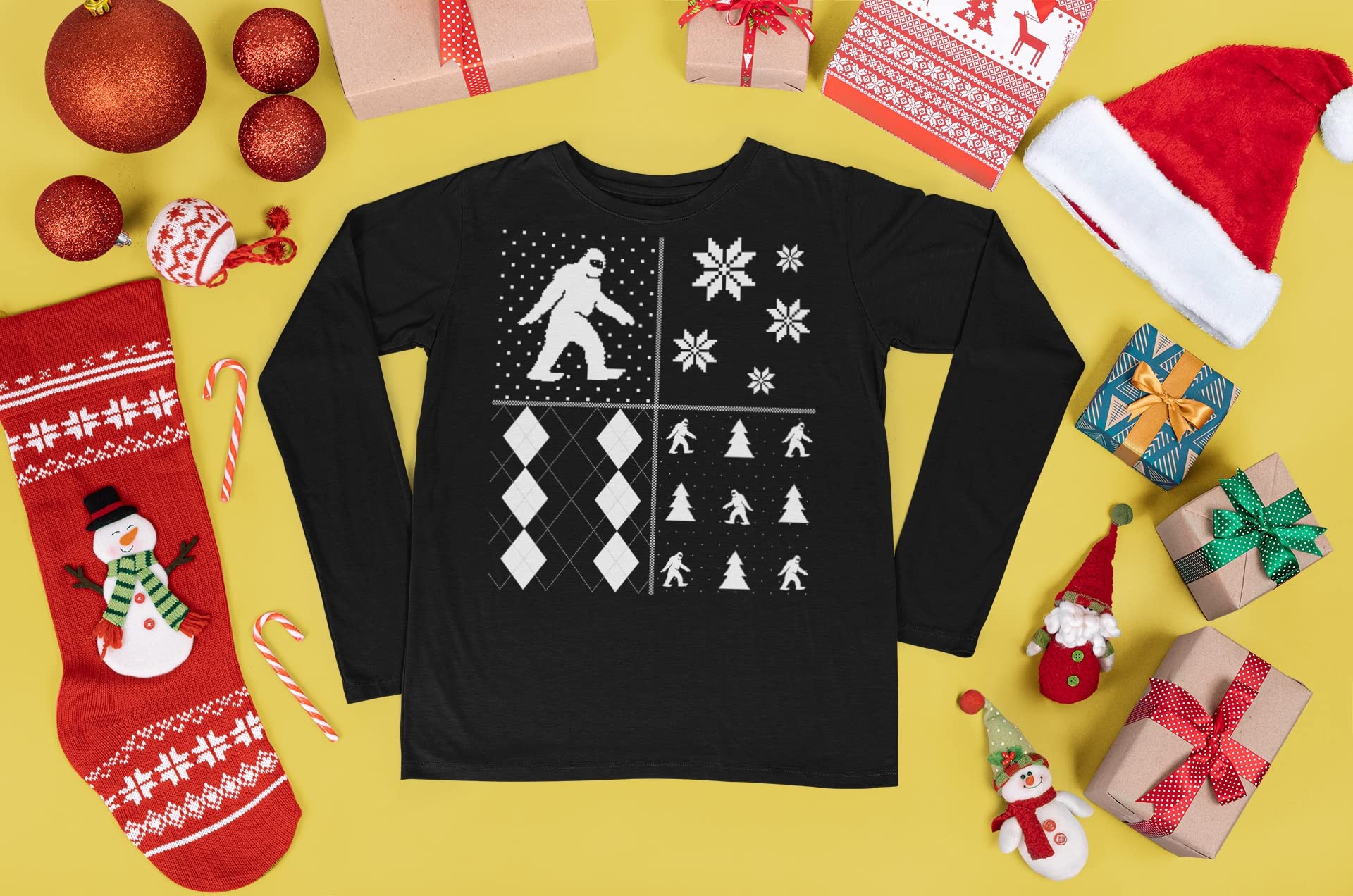 Festive Sasquatch Ugly Christmas Sweater - Women's Long Sleeve Black T-Shirt for Holiday Parties & Family Gatherings