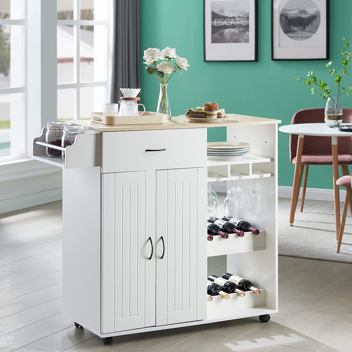 **White Kitchen Island with Storage on Wheels - Rolling Kitchen Cart with Drawers & Wine Rack - Buffet Cabinet for Dining Room & Kitchen Organization - Perfect for Small Spaces & Entertaining**