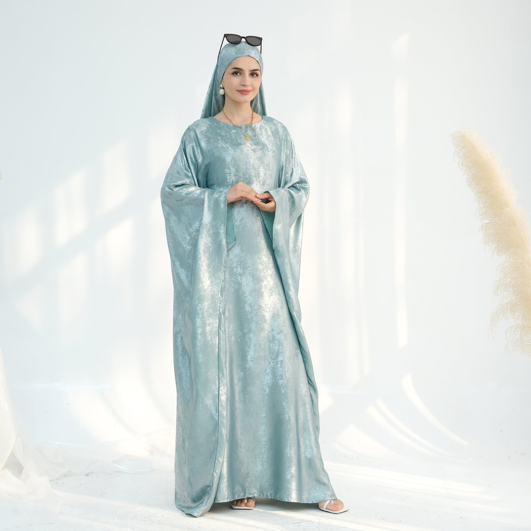 Linora Shimmer Butterfly Abaya - Elegant Mint Green Islamic Dress for Women | Perfect for Eid, Prayer & Special Occasions