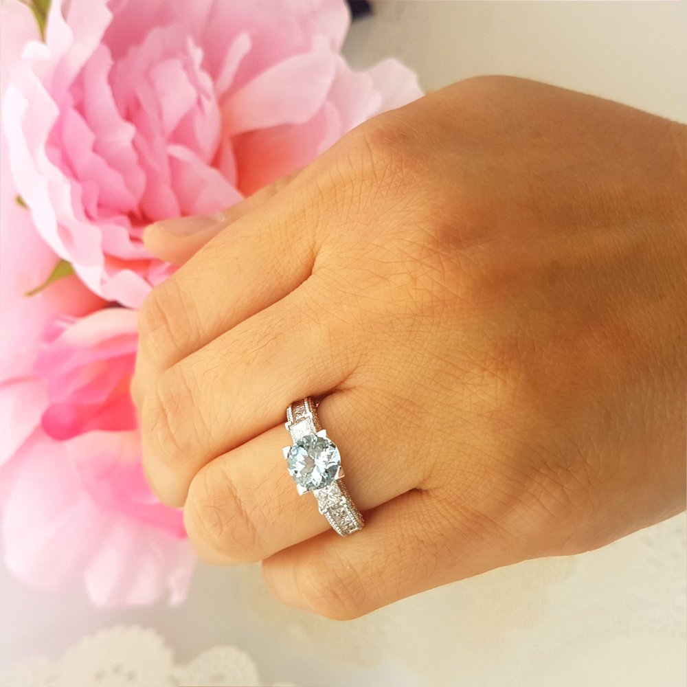 Dazzlingrock Collection Blue Aquamarine & White Diamond Women's 3 Stone Engagement Ring in 14K Solid White Gold - Perfect for Bridal, Wedding, and Anniversary Gifts